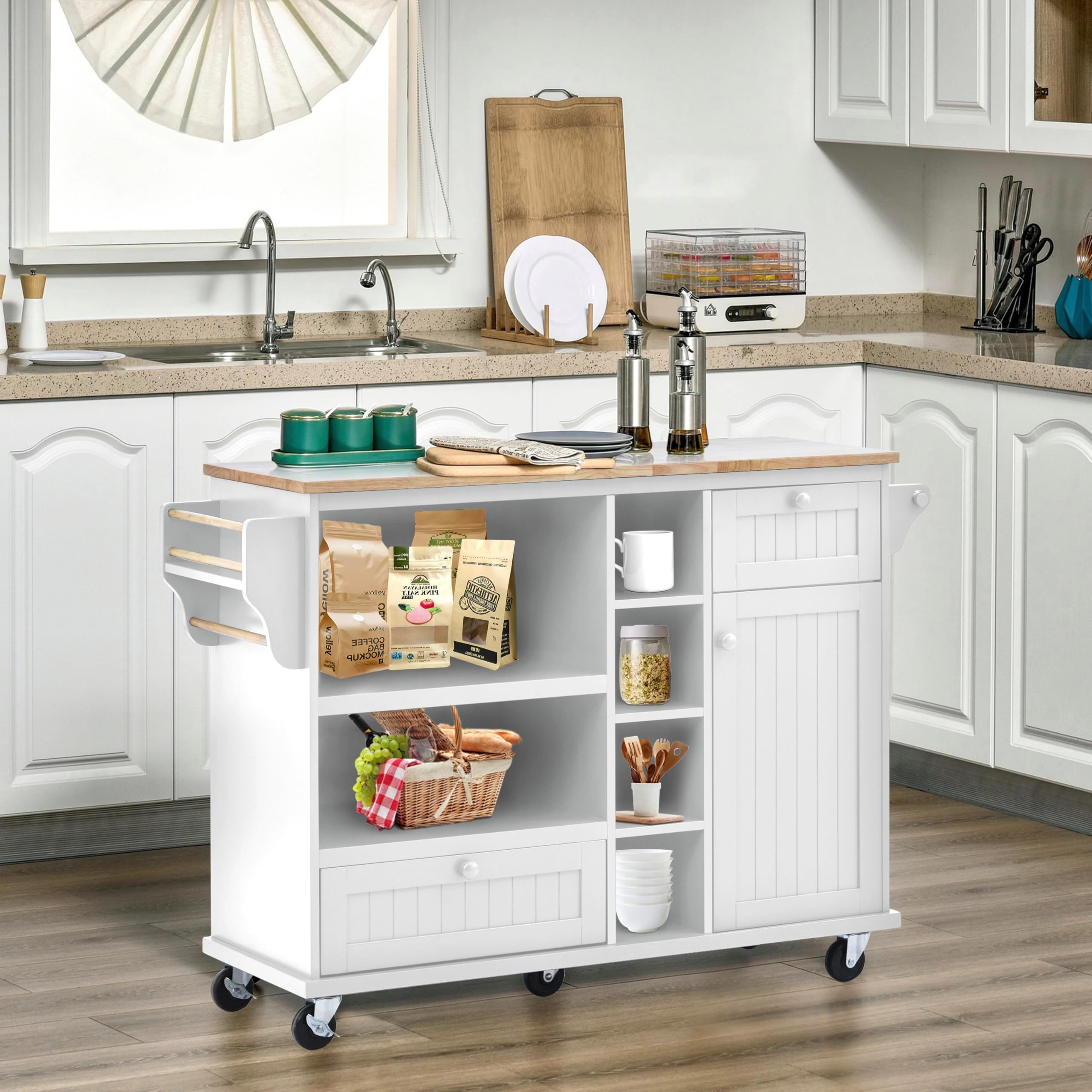 Kitchen Island Cart on Wheels with Storage Cabinet, Rolling Kitchen Island with Microwave Storage and Wood Top for Dining Room Living Room, White+Natural