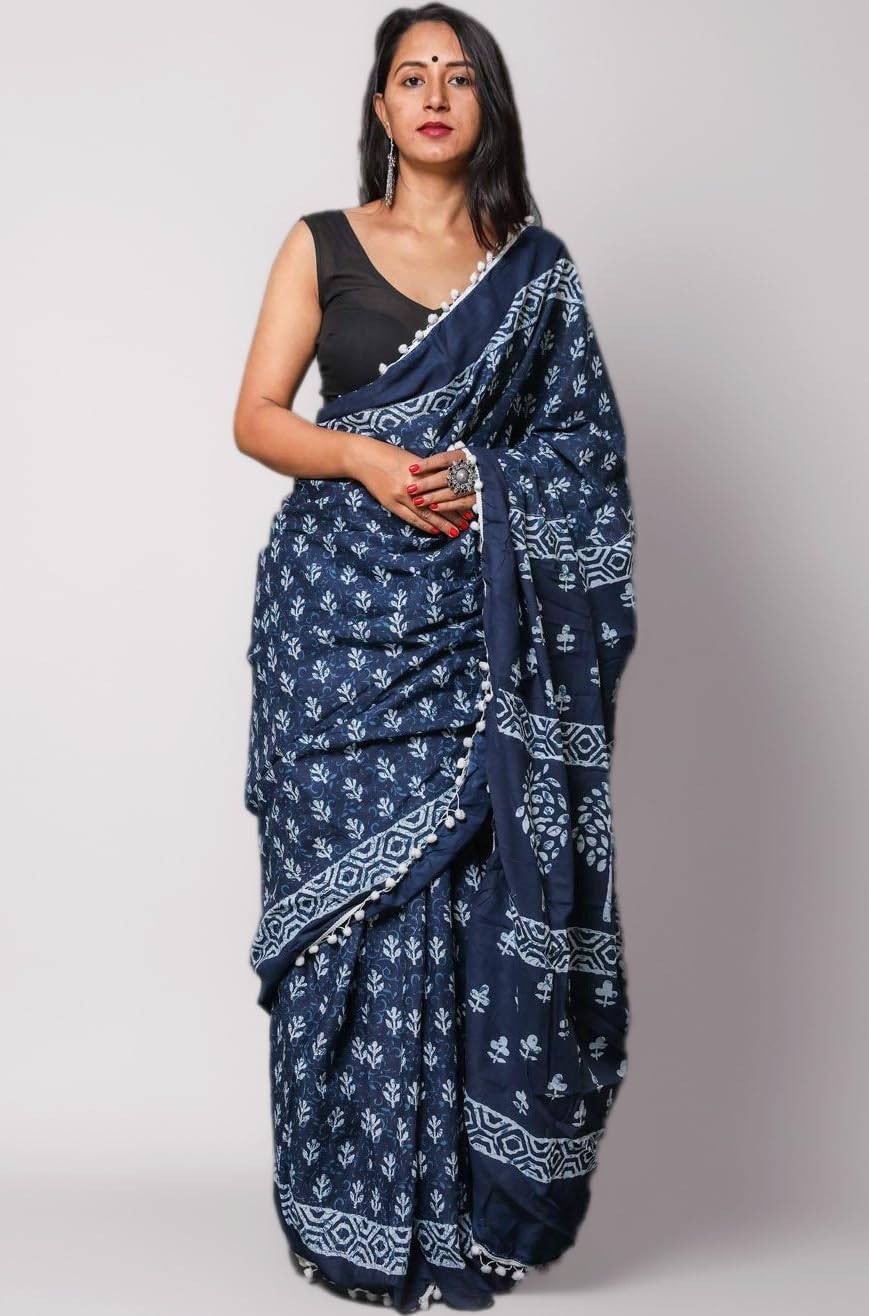 Indigo Print Cotton Mulmul Saree for Women Attached Blouse Piece (indigo)
