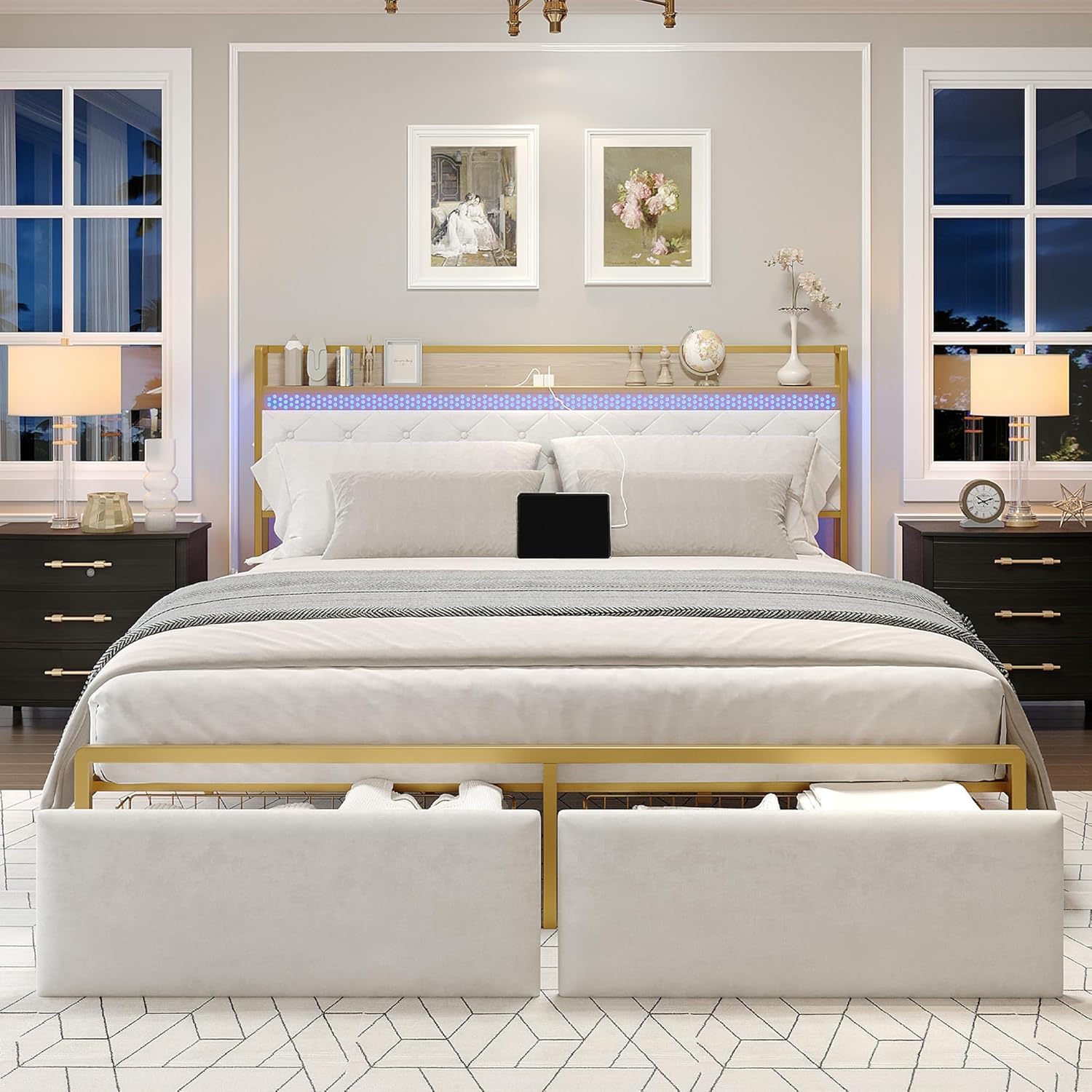 IDEALHOUSE King Size Bed Frame with Storage Headboard and 2 Drawers, Platform Metal King Bed Frame with LED Lights and Charging Station, Noise Free, No Box Spring Needed, White