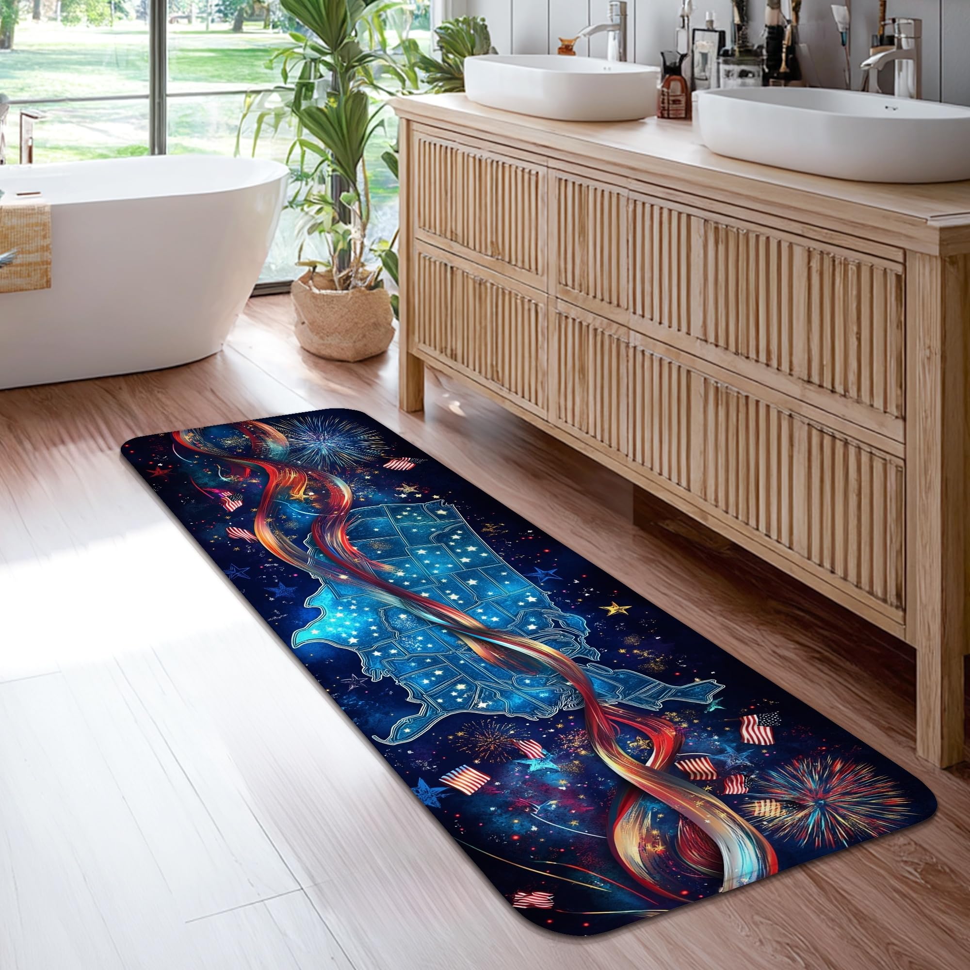Tapis antidérapant de cuisine et couloir motif feux d'artifice bleu lavable et robuste