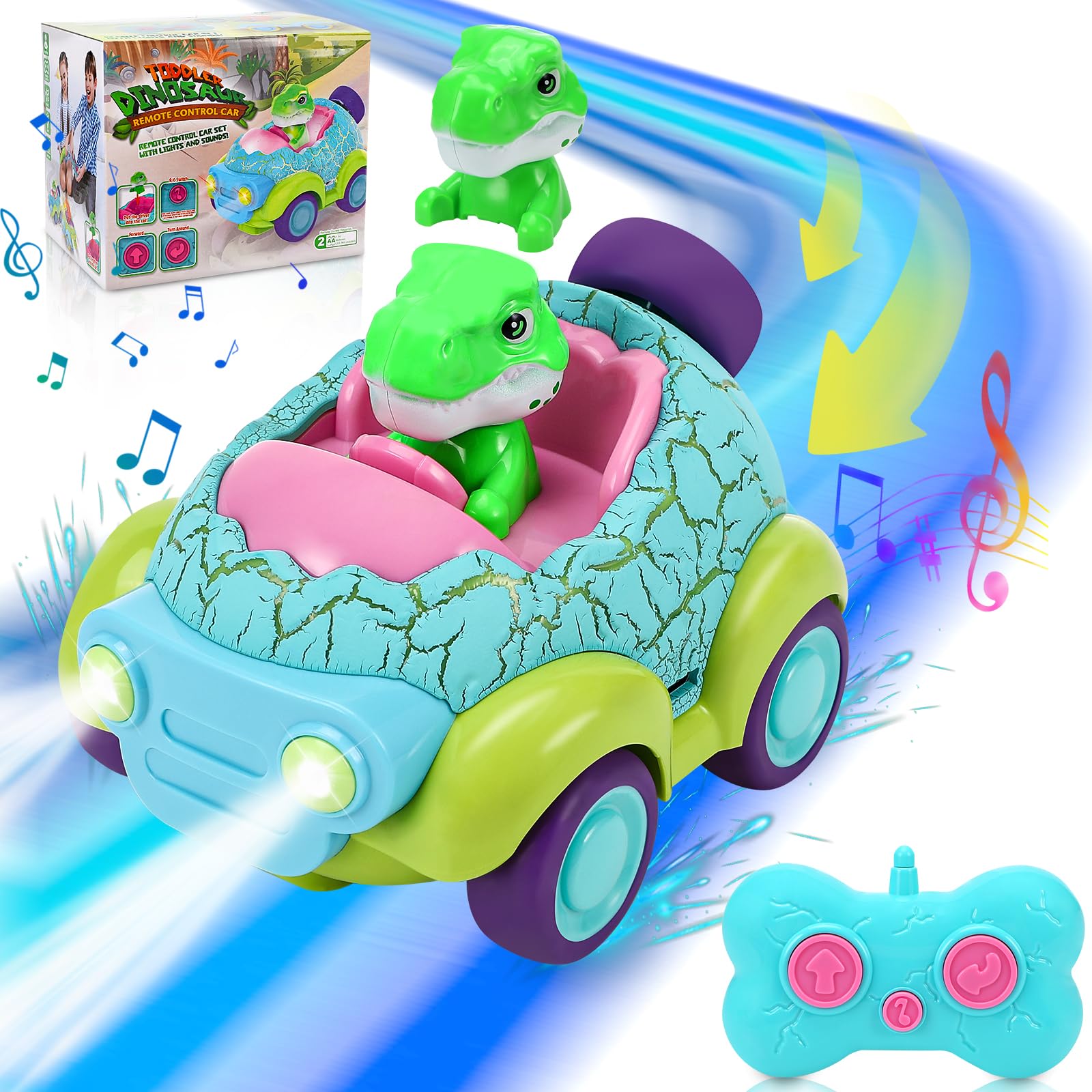 Coche teledirigido a partir de 3 años, dinosaurio RC coche juguete, con luces y música, para coche RC a partir de 2, 3, 4, 5, 6 años, juguete al aire libre, pequeños regalos para niños