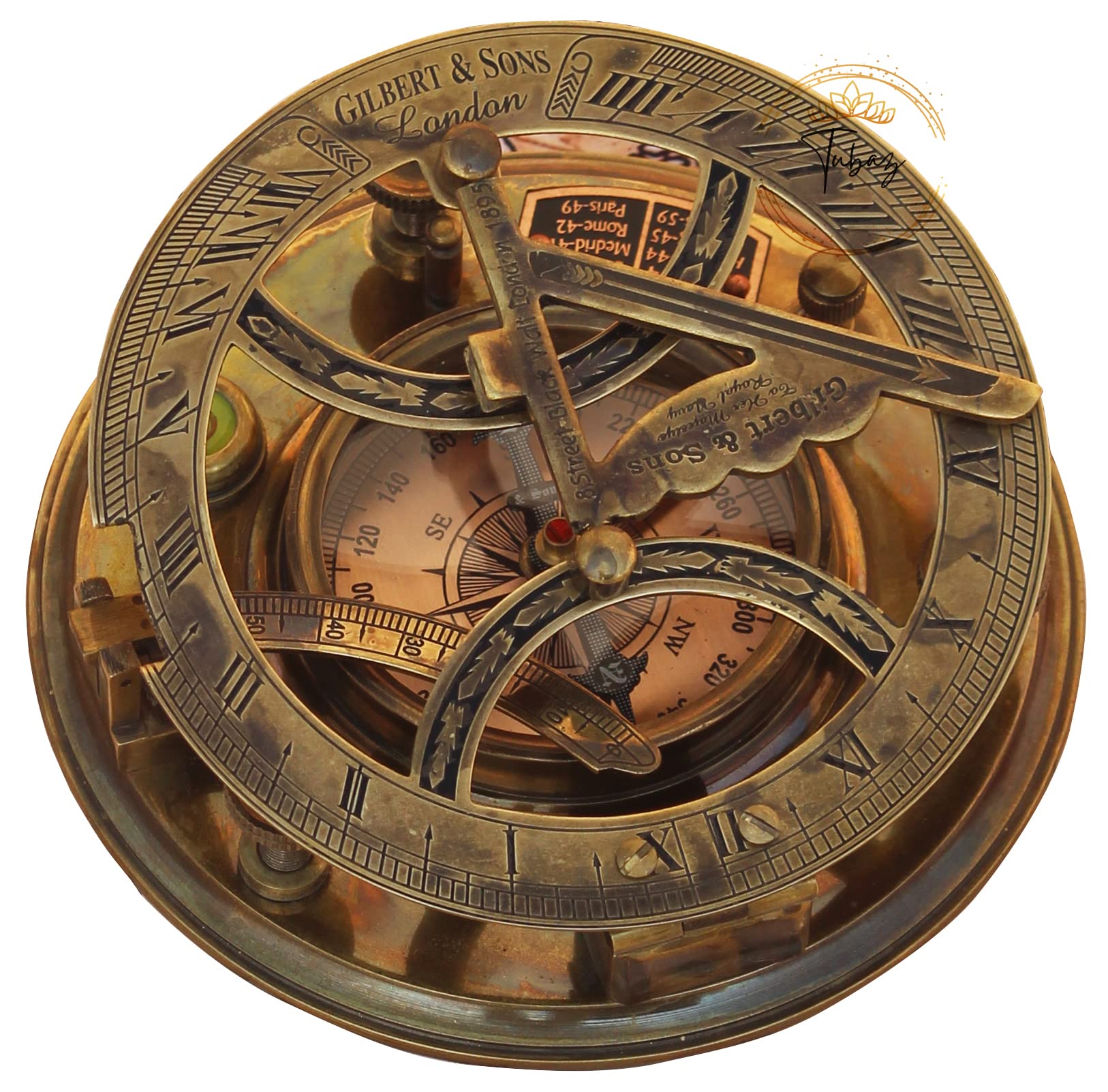 TUBAZ - 5 inch (12,7 cm) Steampunk zonnewijzer kompas – Hoogwaardig perfect gekalibreerd groot messing nautisch antiek vintage stijl kompas met houten kist, verjaardagscadeaus, Thanksgiving