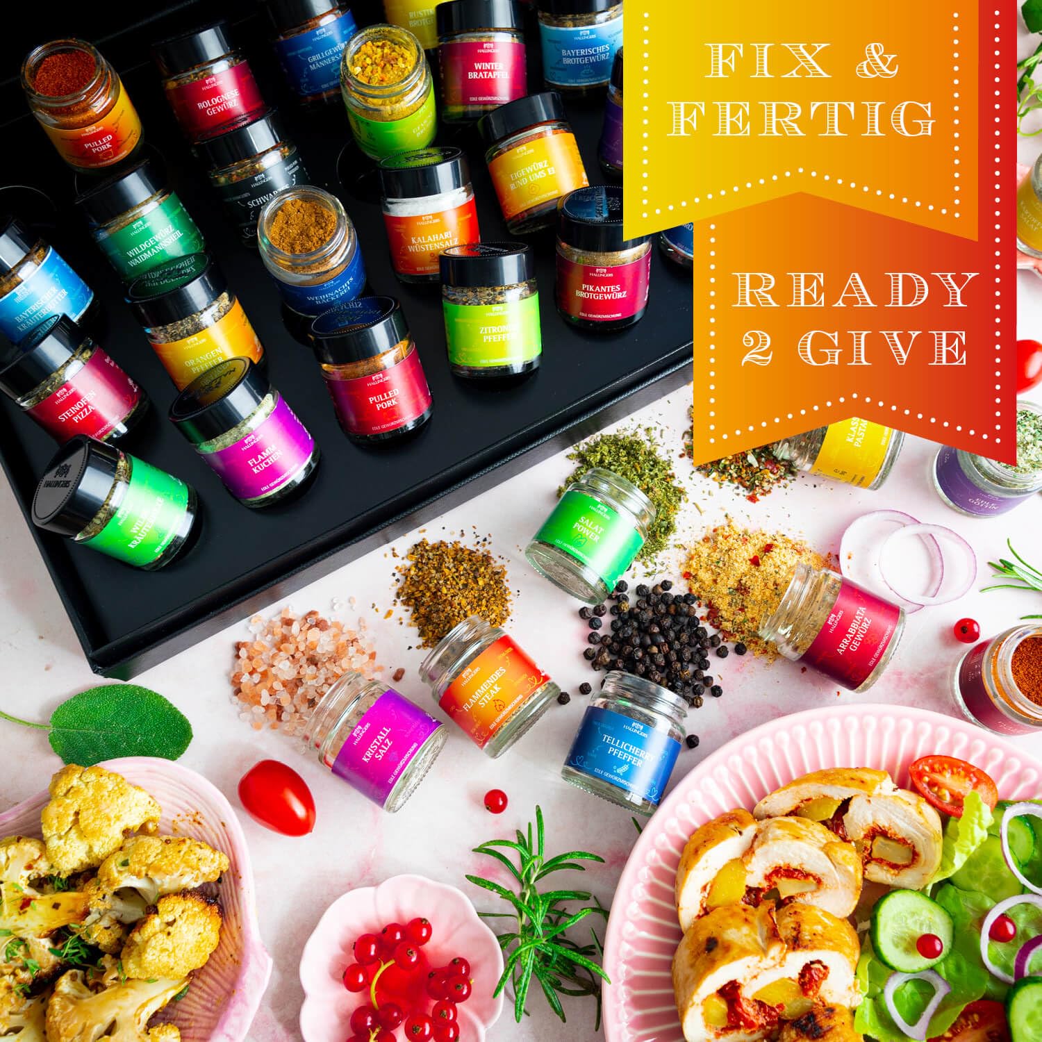 Hallingers Genuss Manufaktur Gewürz Geschenk-Set - 24 Gewürze aus aller Welt in wertiger Geschenkbox mit Rezept-Booklet "Entschuldigung", Geschenkidee für Frauen Männer
