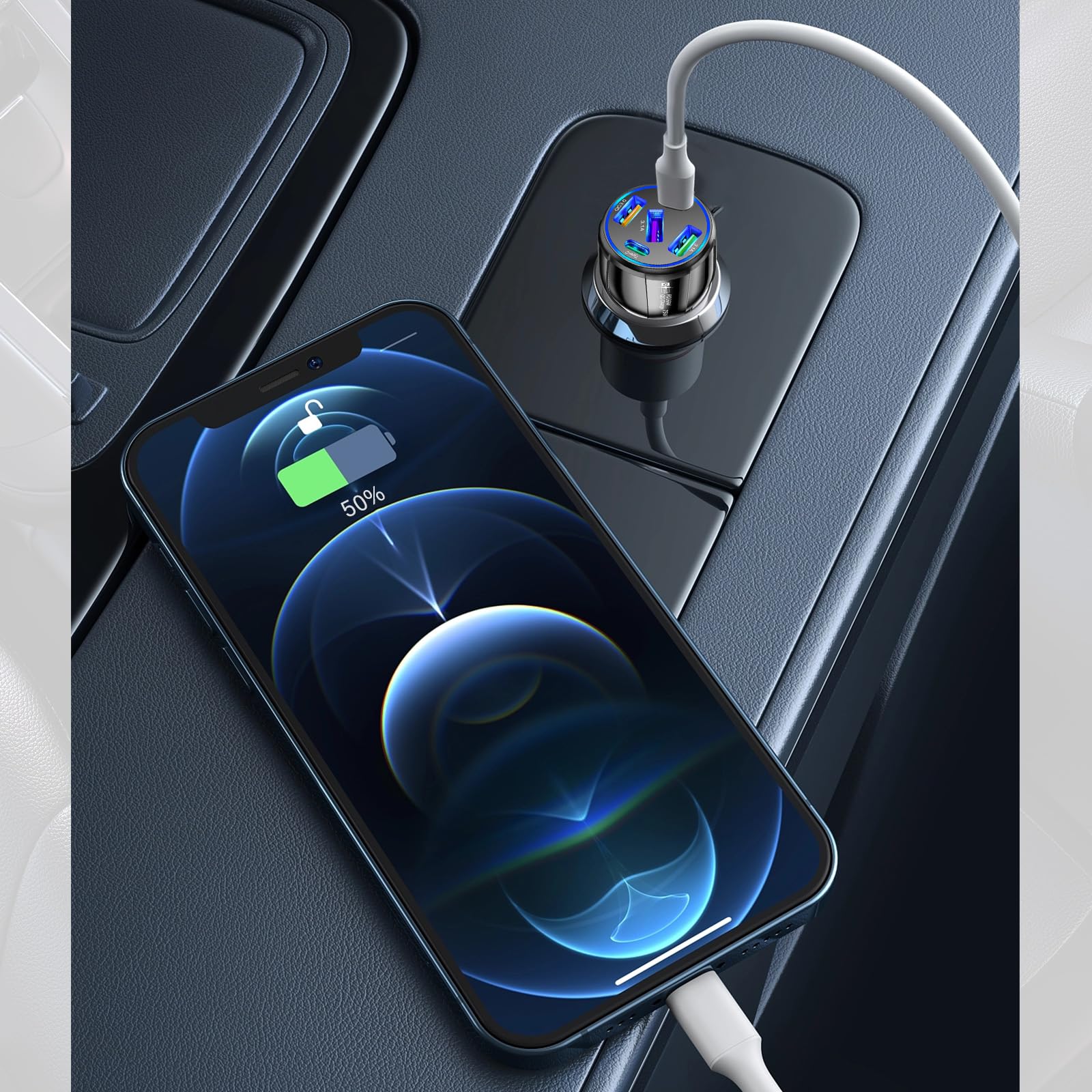 Verbessertes Kfz-Ladegerät USB C mit 5 Ports, 75 W Zigarettenanzünder-Adapter mit Typ-C und QC 3.0 ultraschnellem Ladeanschluss, universeller Kfz-Ladeadapter für Navigator, Dashcam (schwarz)