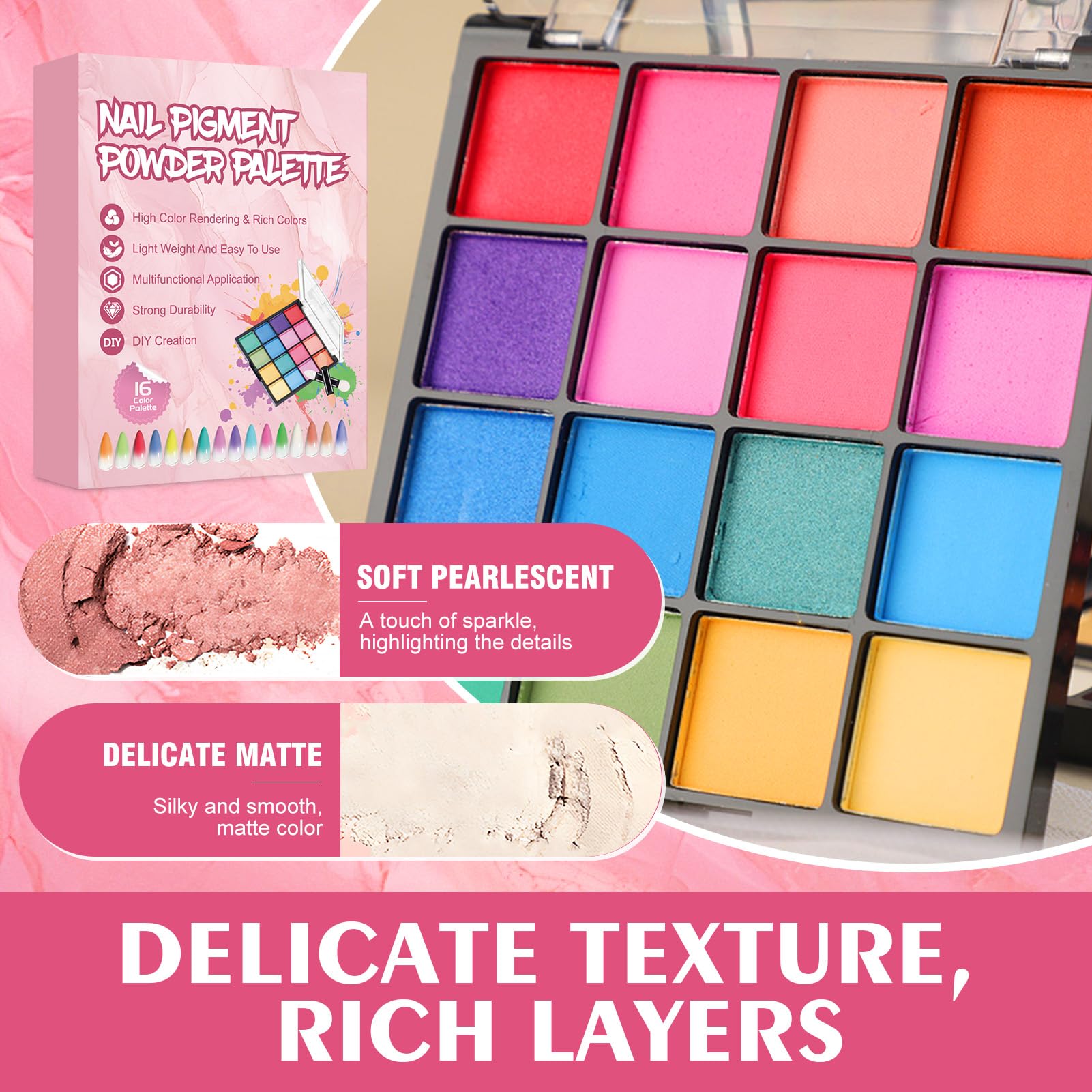 Poudre Chrome Ongle 16 Couleurs, Poudre Ongles Nail Art, Poudreongle Kit Inclus Pigment poudre, 50 Eponge ongles, 10 Bâton éponge, 1 Pince à épiler, Manucure Facile à créer