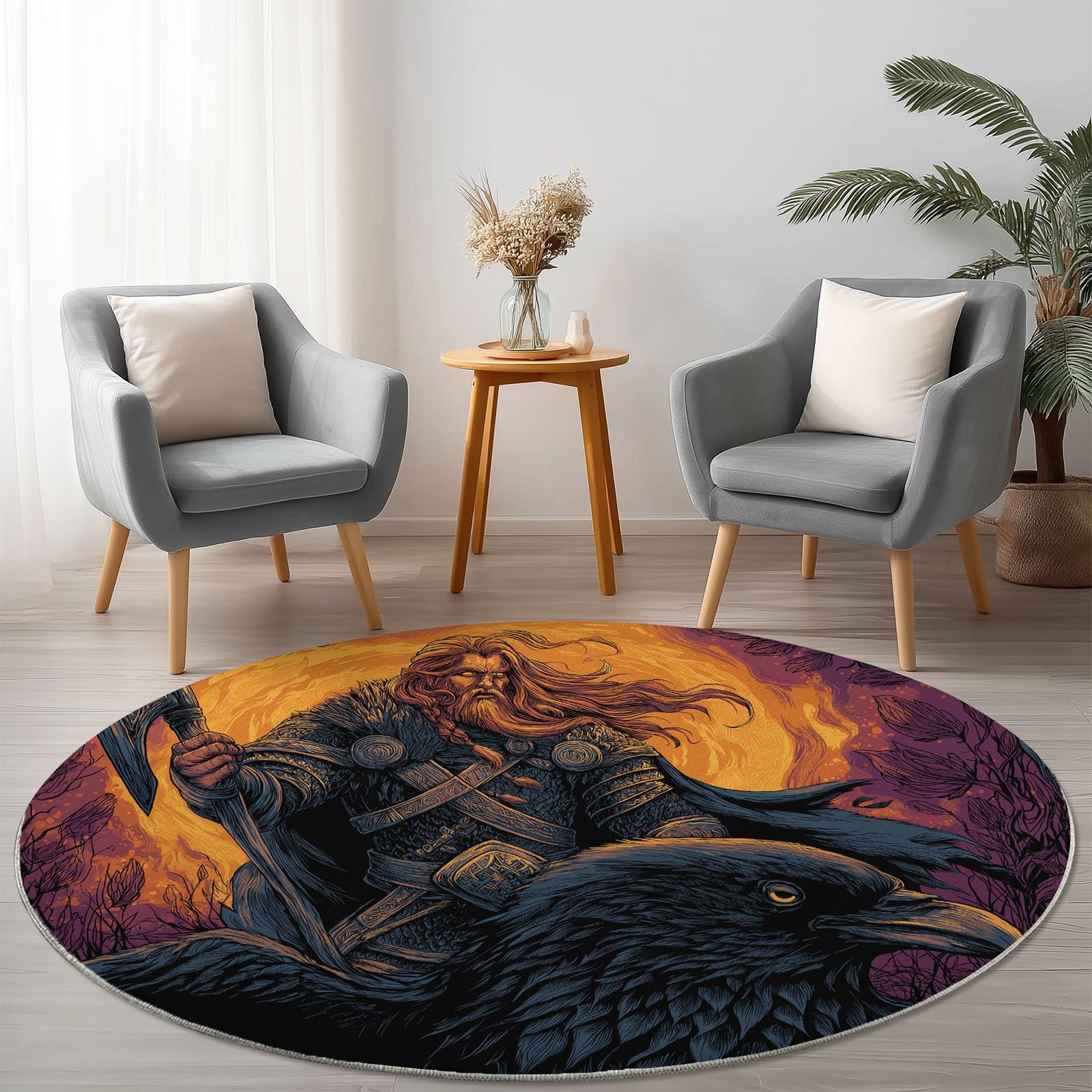 Tapis rond 180 cm noir en flanelle lavable à motif aigle guerrier