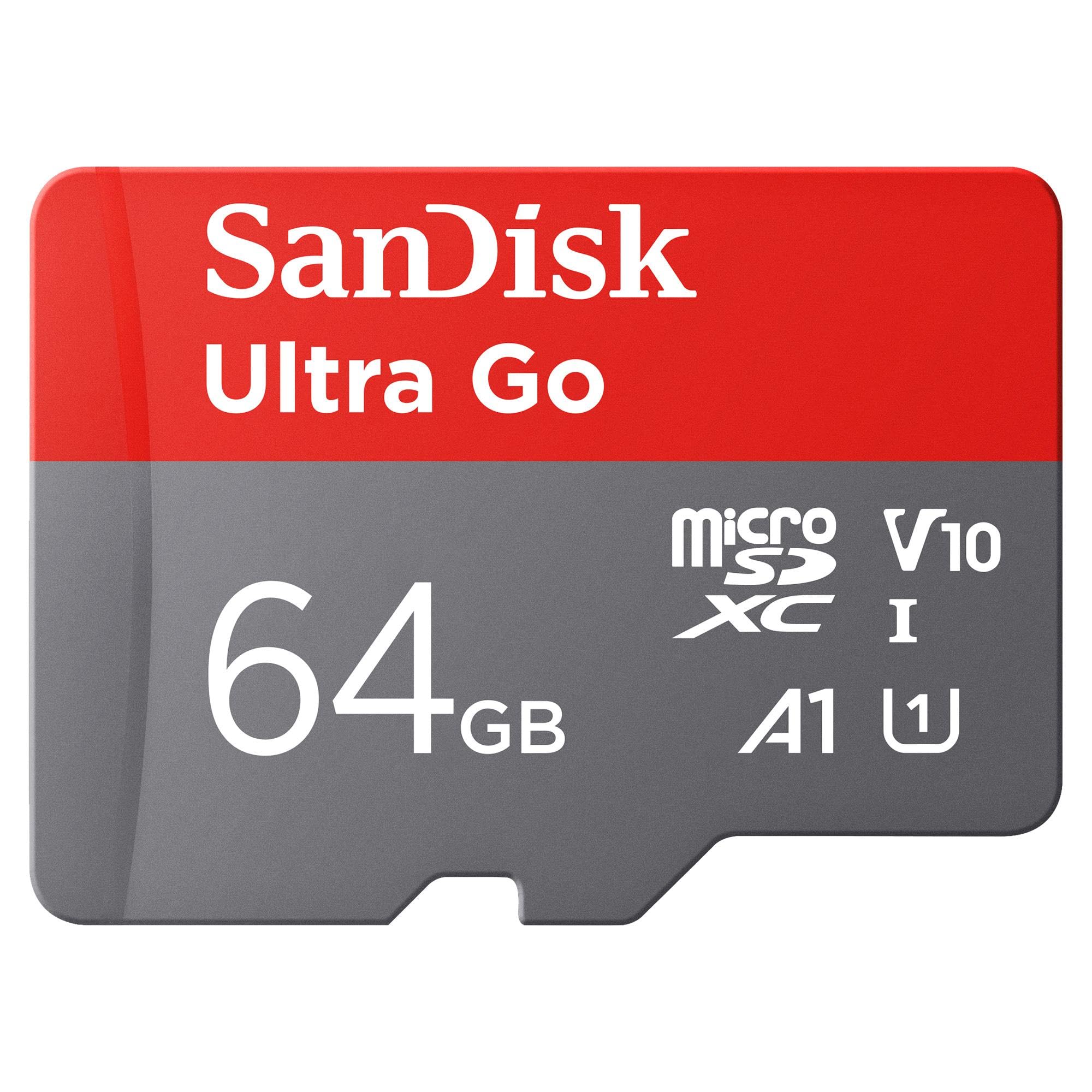 SanDisk Ultra Go micro SDXC card + SD adapter 64GB (For Android Smartphones and Tablets, Memory card up to 150 MB/s, Full HD Video, V10, A1 Faster App Performance, UHS-I, Class 10, U1) For Amazon