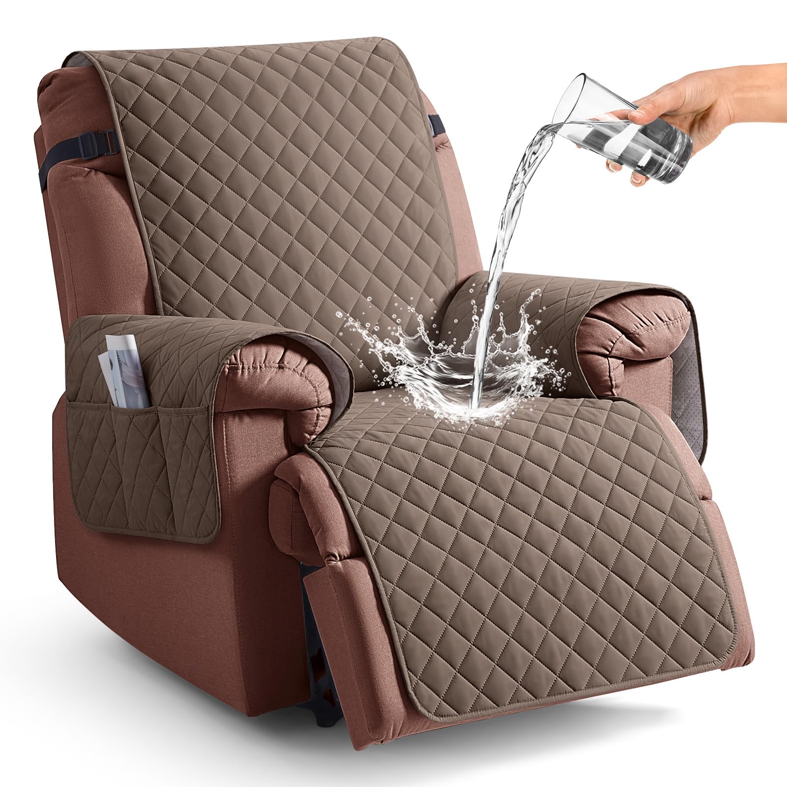 KinCam 100% Waterproof Recliner Chair Cover, Reclining Couch Covers for Pets, Dogs, Recliner Couch Slipcover Furniture Protector with Elastic Straps