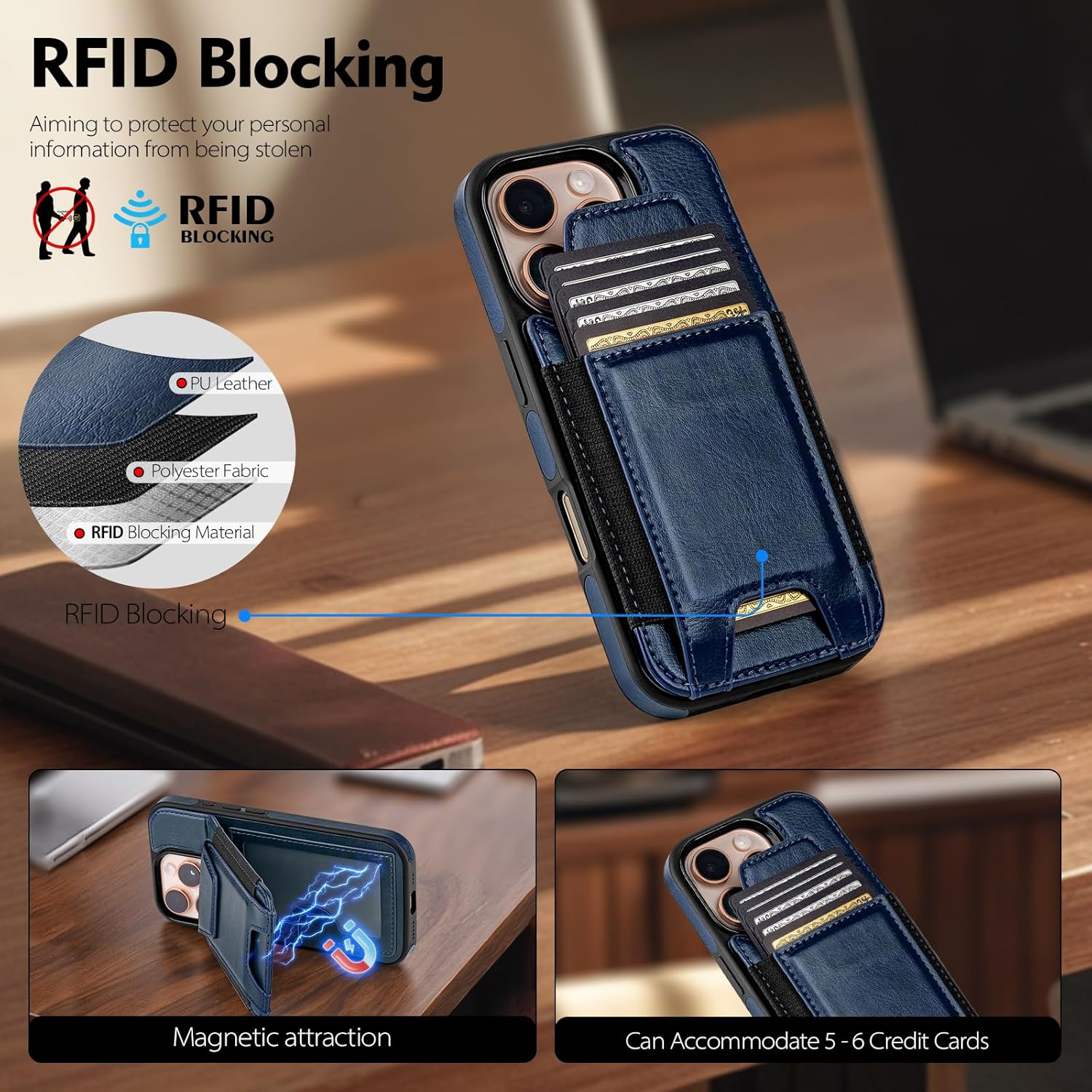 Compatible with iPhone 16 Pro Max Wallet Case with Card Holder,Women Men PU Leather RFID Blocking Shockproof Magnetic Flip Cover Credit Card Slots Kickstand,for Apple 16 Pro Max,Blue - Image 2