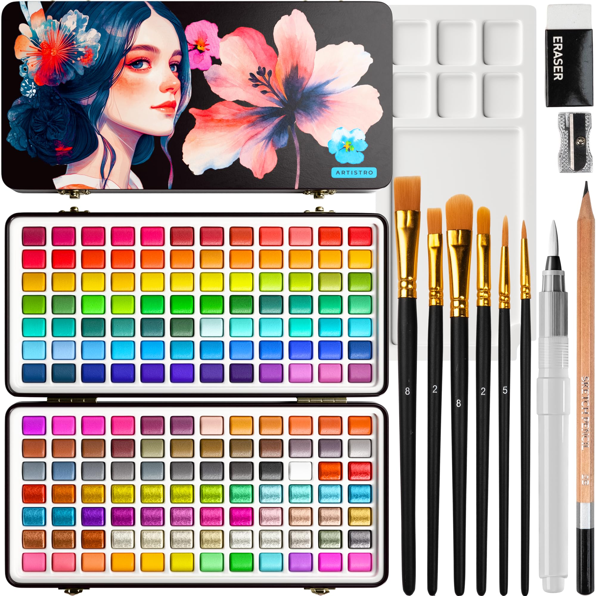 ARTISTRO 168 Watercolour Paint Set - Portable Paint Set with Palette and Brush Pens -Travel Watercolour Set for Adults, Professionals, Kids - Art and Painting Supplies - Great Gift