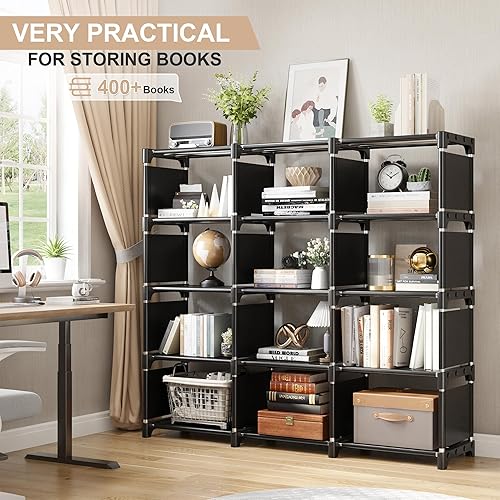 Miniatura 2 de REIBII Librería, estantería para libros, estantería, 12 estanterías, librerías, funda para libros de bricolaje, estantería negra, estantería alta,