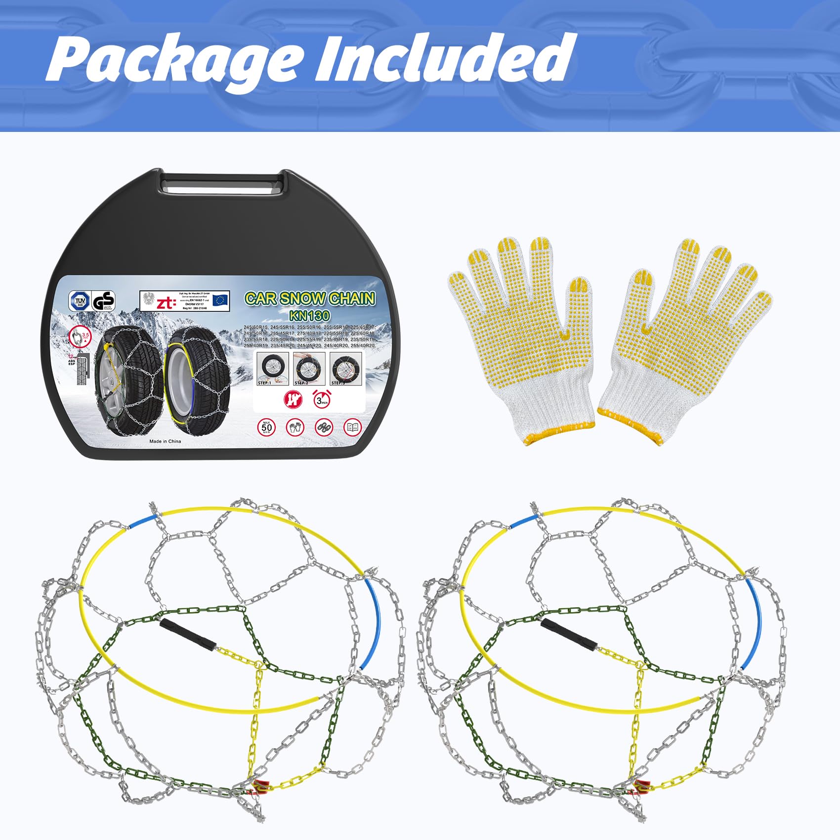 Cadenas Para Nieve, 2 Unidades de 12 mm, Montaje Rápido en 1 Minuto con Tensor Automático, Cadenas Universales de Tracción de Emergencia Para Turismos, Camionetas y SUV (KN 60)