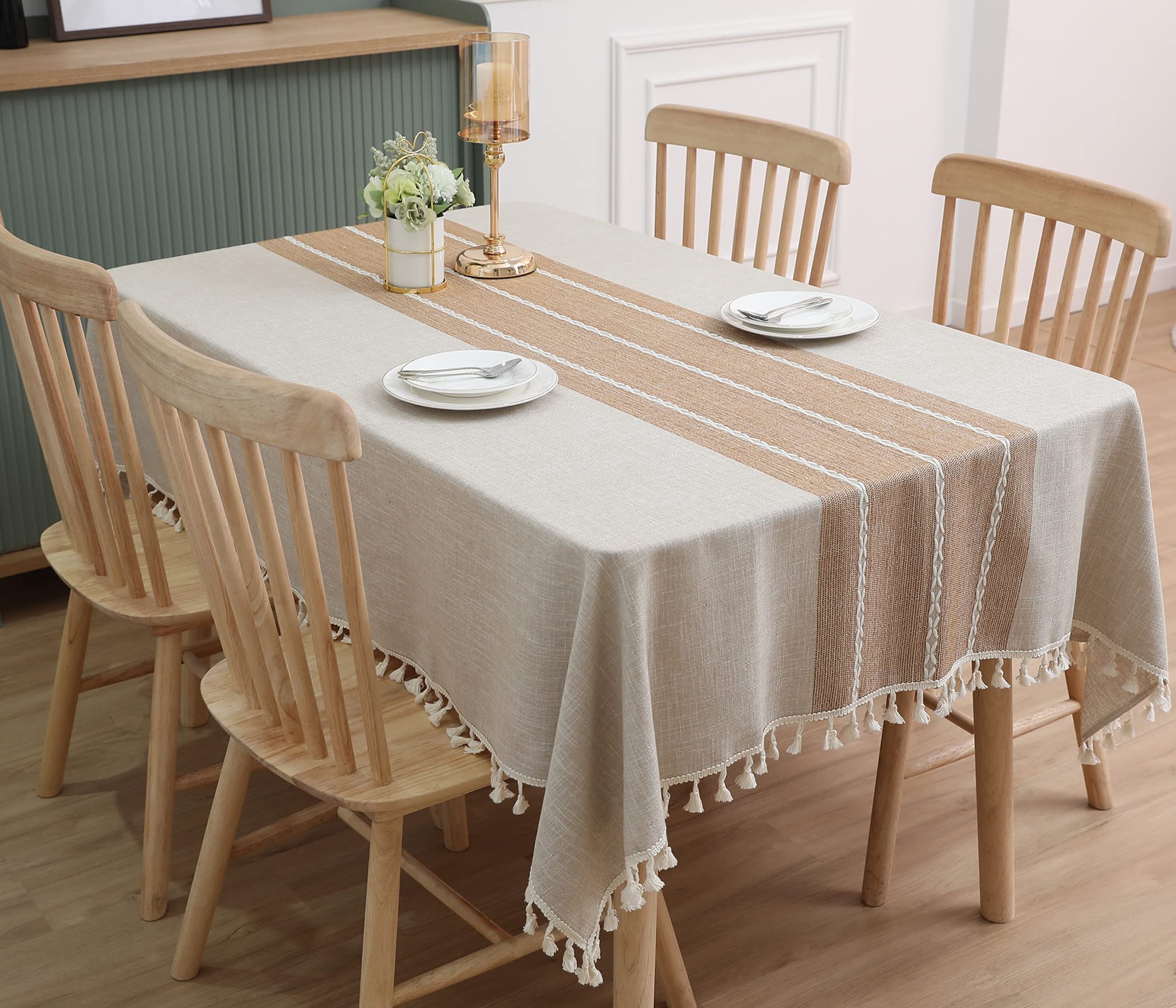 Eidoct Rectangular Table Cloth, Water Resistant Tassel Tablecloth, Cotton Linen Wrinkle Free, Washable Table Cover for Kitchen, Dinning, Party (140x180cm, Khaki)