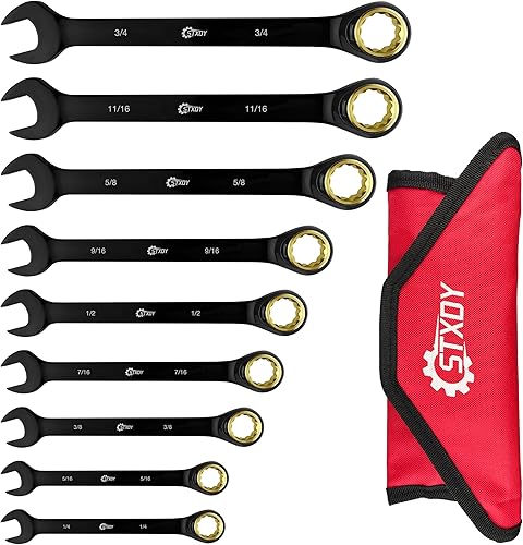 STXDY Juego de 9 llaves combinadas antideslizantes de trinquete, SAE 14"-34", 72 dientes, acero Cr-V, 12 puntos con bolsa enrollable
