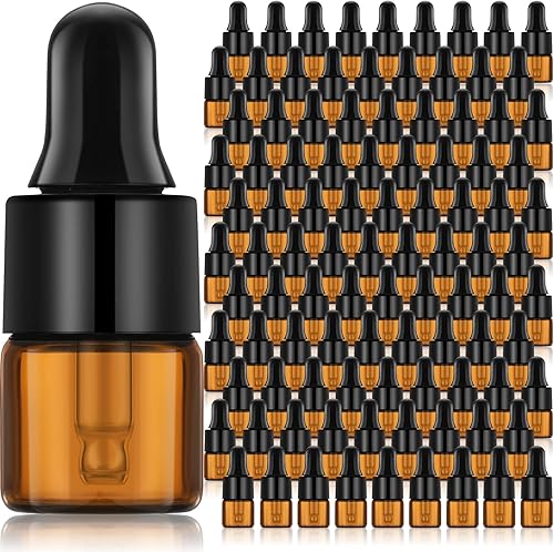 100 mini botellas de vidrio ámbar con gotero de aceite esencial, botellas pequeñas vacías de muestra, vial de vidrio con cuentagotas y tapas negras,