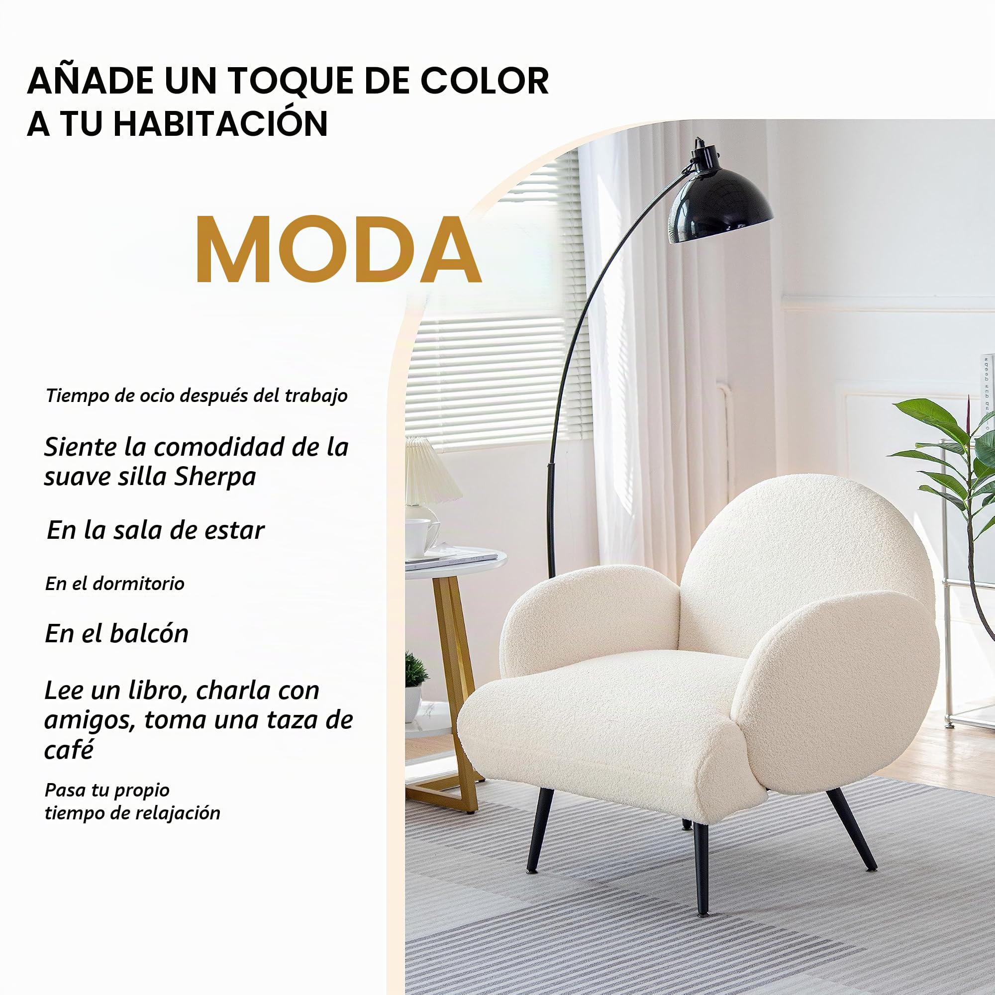Sillón Moderno, sillón tapizado con Patas de Metal Negro para salón, Dormitorio, balcón, Estudio, Blanco