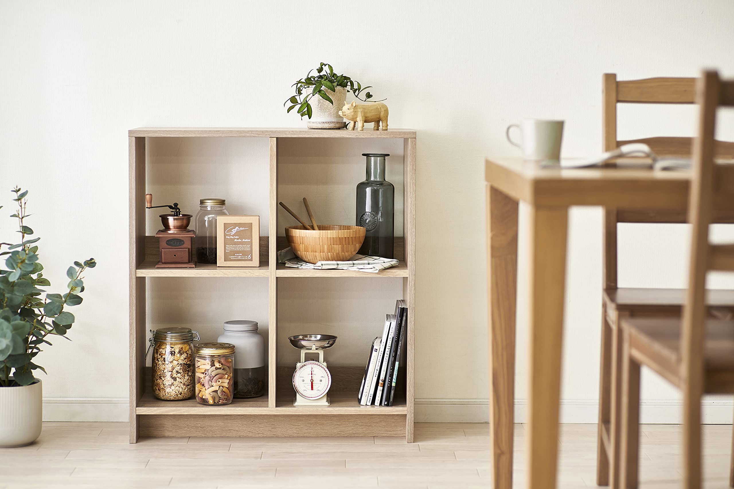 Iris Ohyama, Meuble de Rangement Ouvert, Bibliothèque, Étagère de 4 casiers, Grande capacité, Horizontale & Verticale, Bureau, Chambre, Salon - Wood Open Shelf WOS-4 -Marron Clair