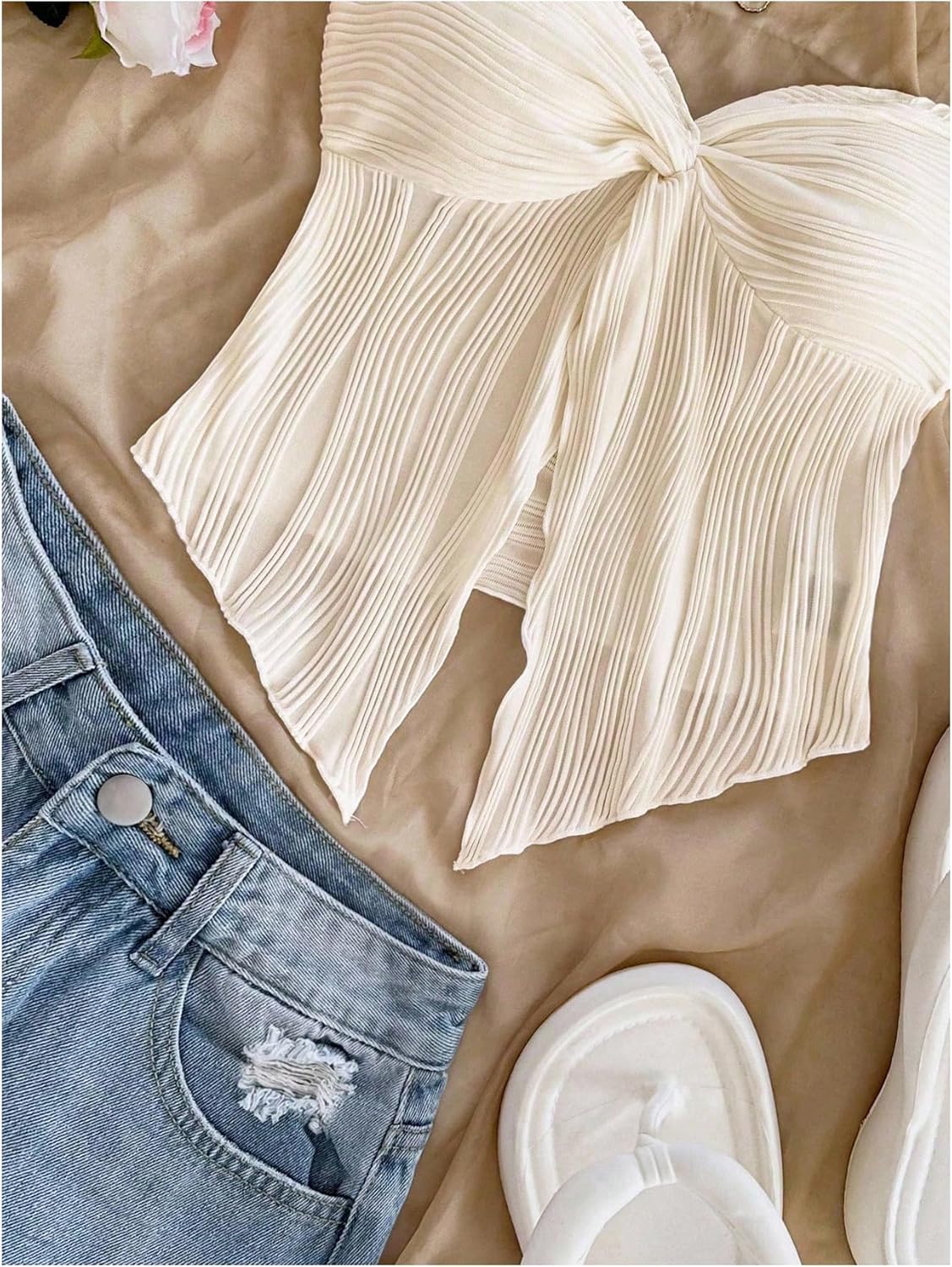 Women's Ruched Twist Front Tube Top Sleeveless Strapless Bandeau Crop Tops Summer Going Out Tops - Image 2