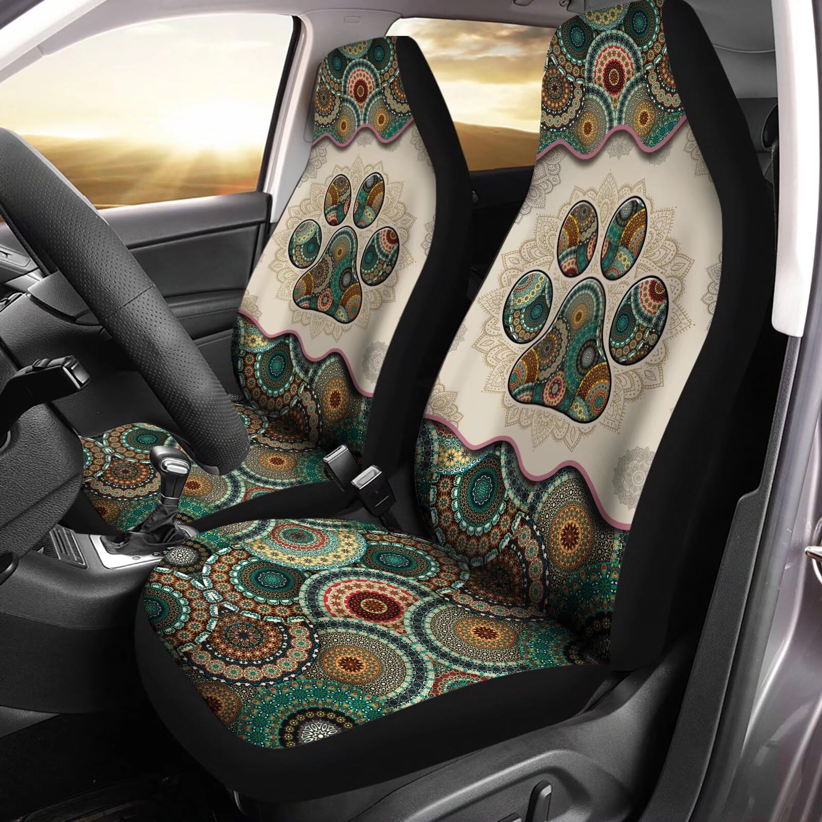 gearider Green Boho Mandala Dog Paw Pattern Bucket Seats Protector Set of 2, Thick Breathable Front Seat Cover for Men Women Universal Fit Most Vehicles