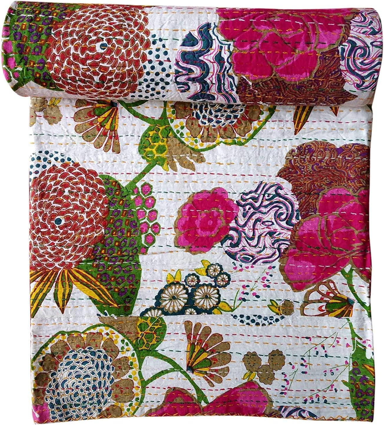 Textile Work Creations Cotton Jaipuri Handmade Twin Size Quilt Bed Cover, Multicolour (90 X 108 Inches, White)