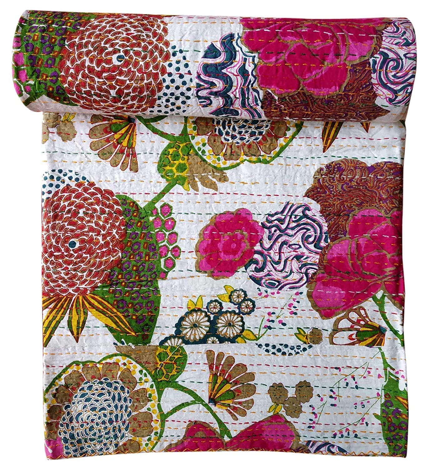 Fashion HubFashion Hub Textile Work Creations Cotton Jaipuri Handmade Twin Size Quilt Bed Cover, Multicolour (90 X 108 Inches, White)