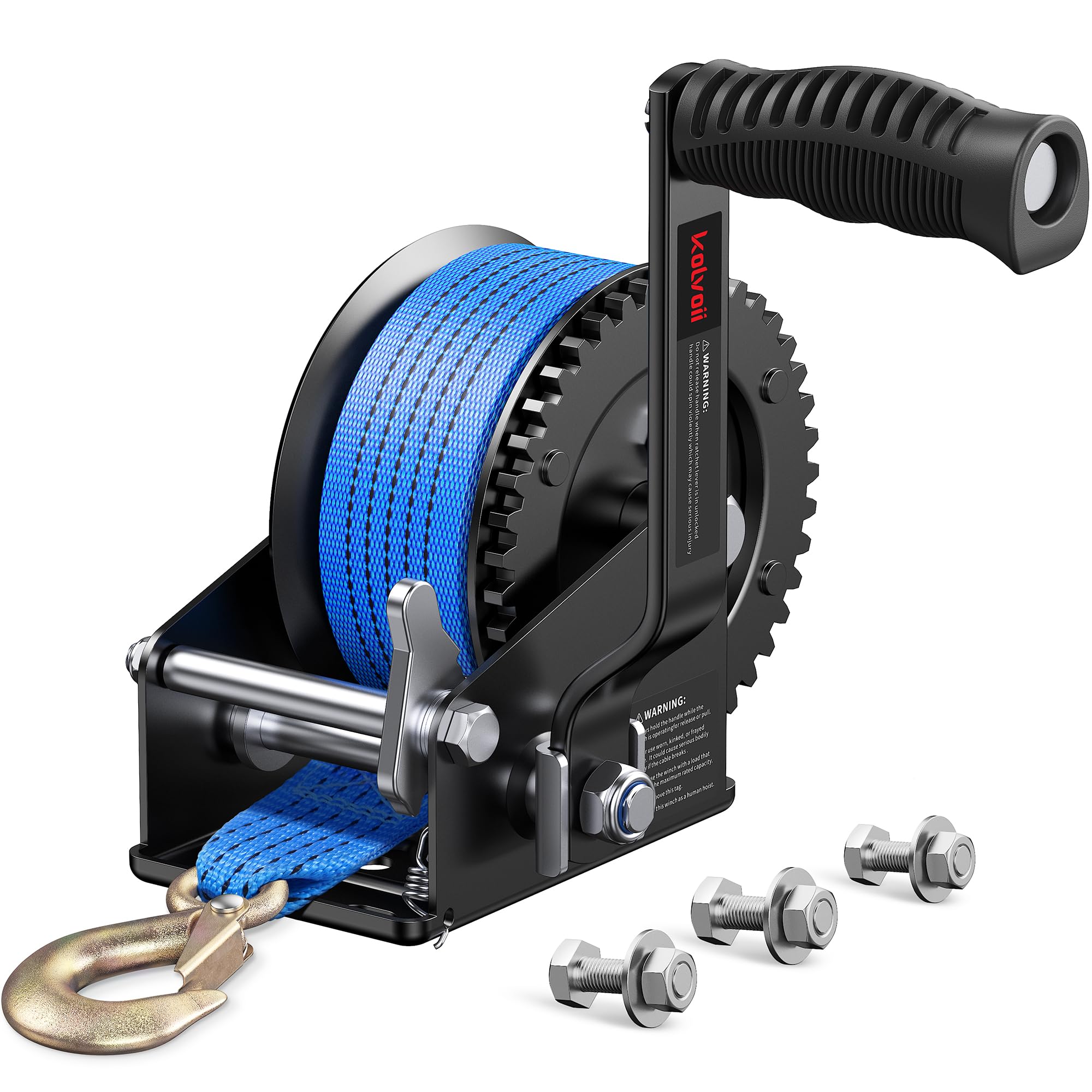 Kolvoii1200lbs Boat Trailer Winch with 26FT Strap, Portable Hand Crank Winch 2-Way Ratchet 4:1 Gear Ratio, Comfortable Handle for Boat, Trailer, Marine, and Jet Ski - Blue