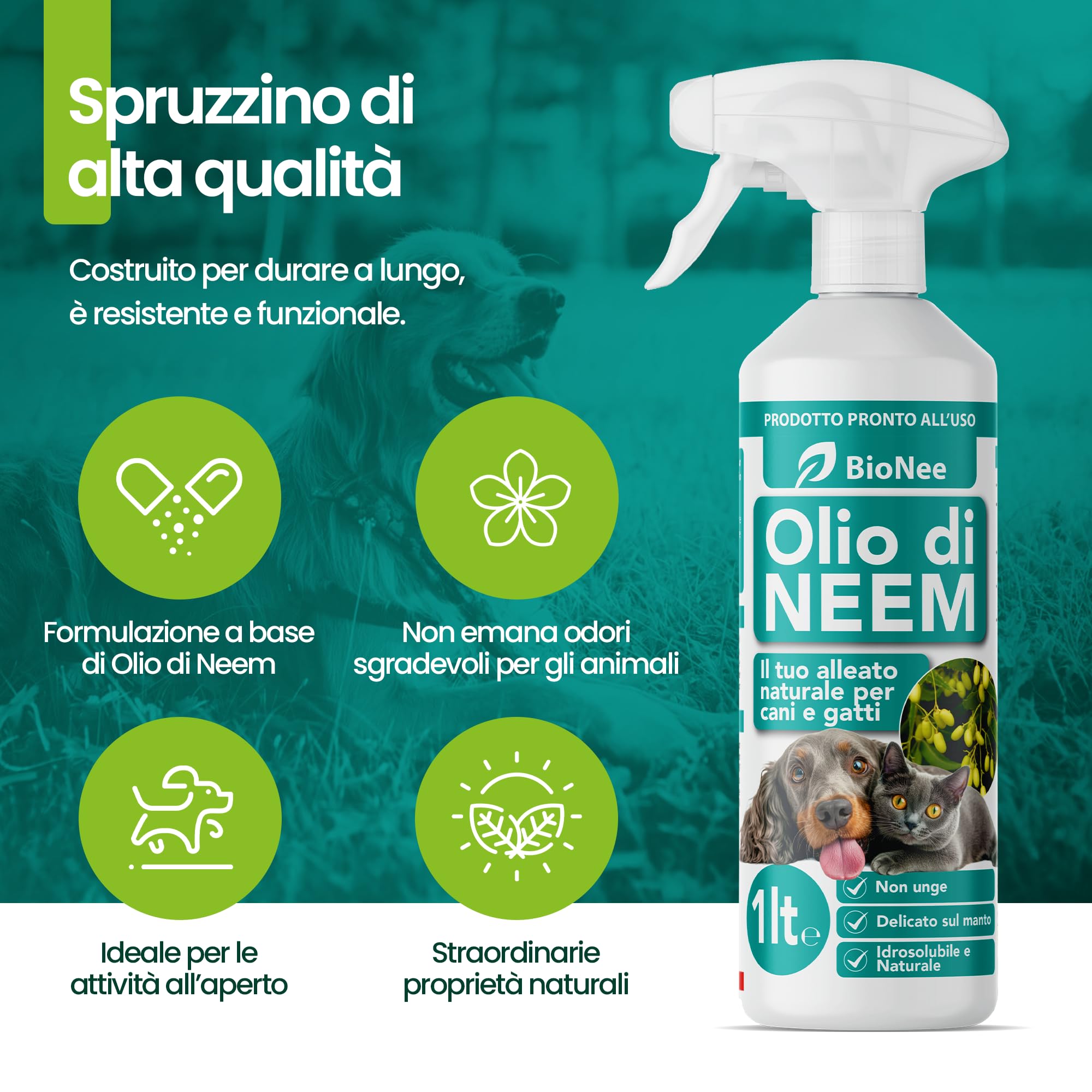 Huile de Neem pour Chiens et Chats Spray 1 L - Hydrosoluble, Naturel, Non Graisse - Action Délicate, Effet Barrière Dégoûté à Tiques Chiques Moustiques Insectes