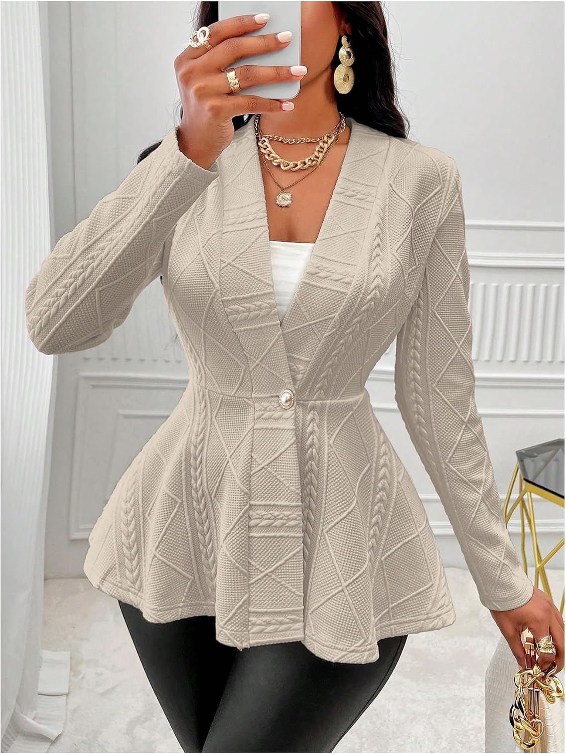 GORGLITTER Women's Peplum Blazer Jackets Business Casual Work Blazers Textured Button Front Long Sleeve Fall Outfits
