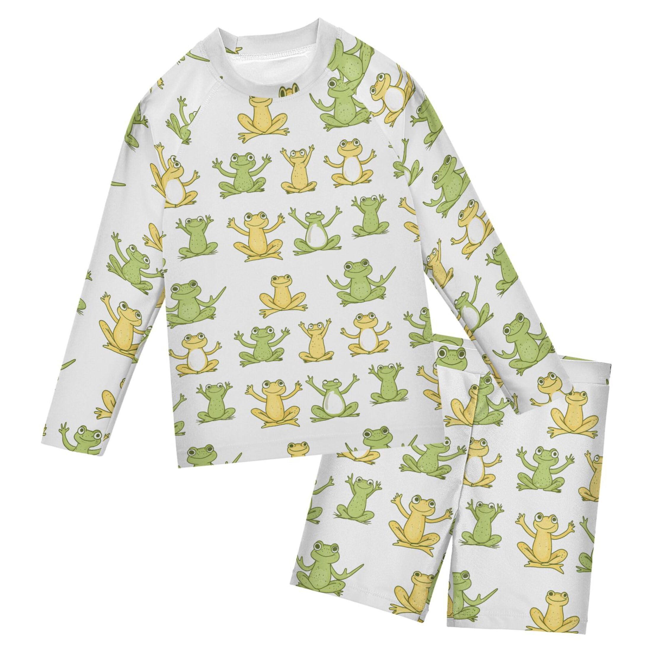 Cute Frog Boys Rash Guard Swimsuits Set for Boys 2 Piece Long Sleeve Swim Shirts Bathing Suits with Trunks B0404118