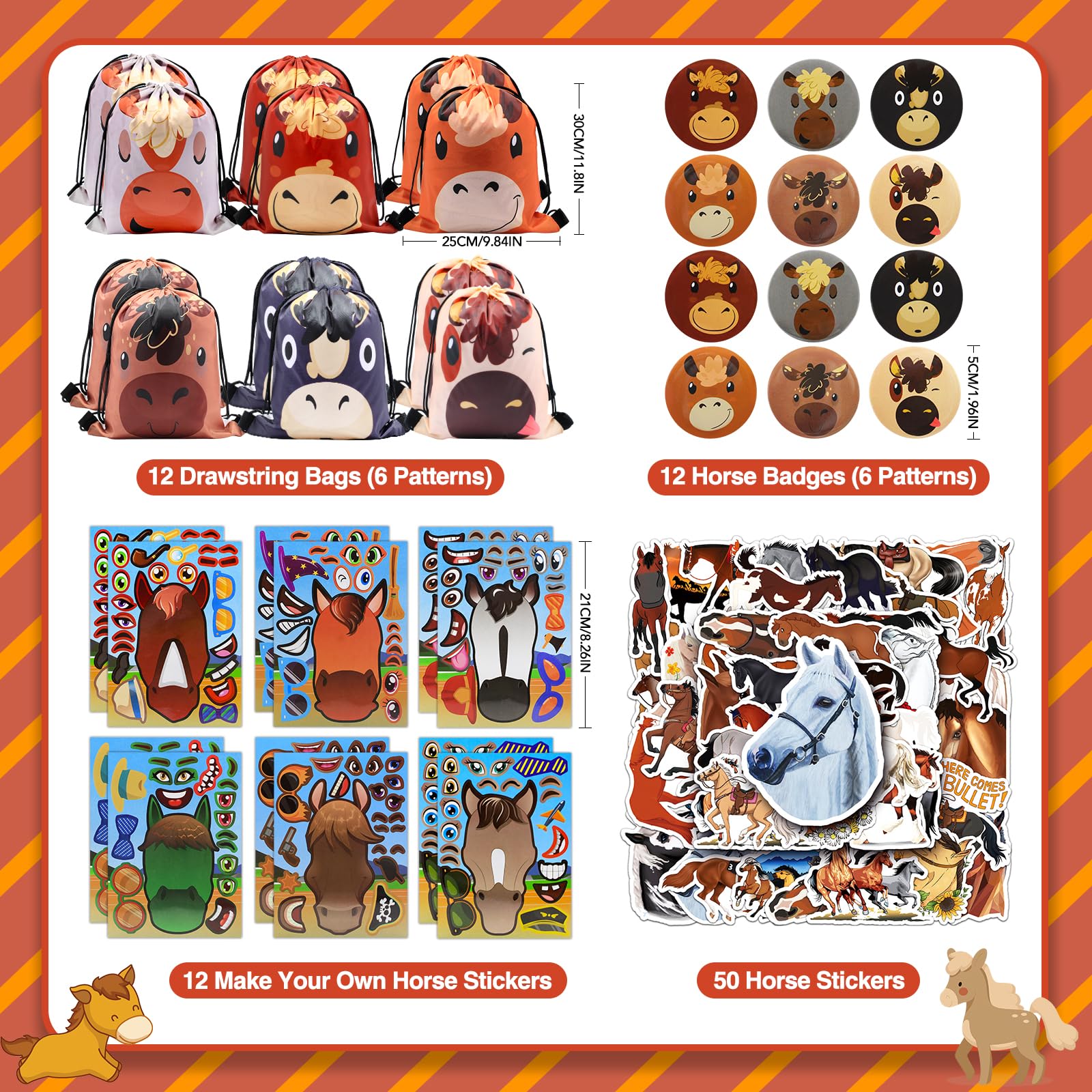 Bomboniere Festa A Tema Cavallo - 113 Pezzi Con Portachiavi, Braccialetti, Adesivi E Sacchetti - Foto 8