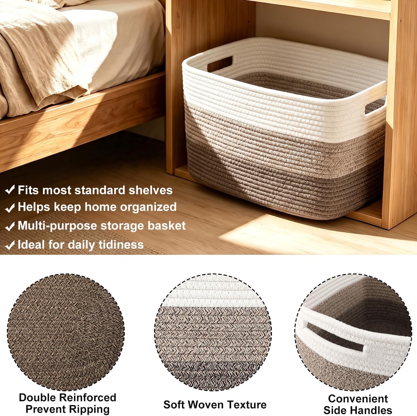 3 Pack Woven Storage Baskets, Decorative Storage Bins for Organizing, 13.4" x 11" x 9.5", Cotton Rope Baskets for Closet Shelves Bathroom Nursery, White & Brown (White Khaki)