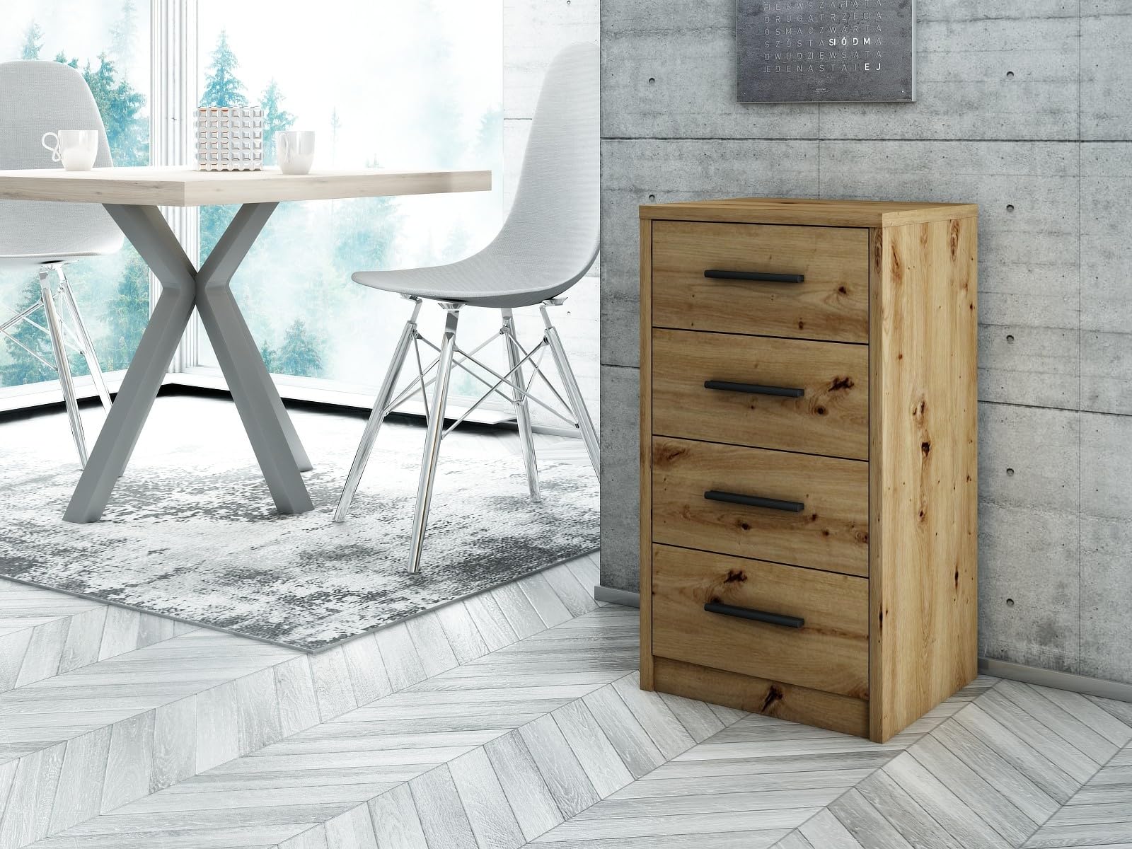 MATKAM Kommode Bodo 4S mit Vier Schubladen, H/B/T 75 x 40 x 35 cm, Griffe in Metall-Optik, Führungsschienen aus Metall (Artisan Eiche)