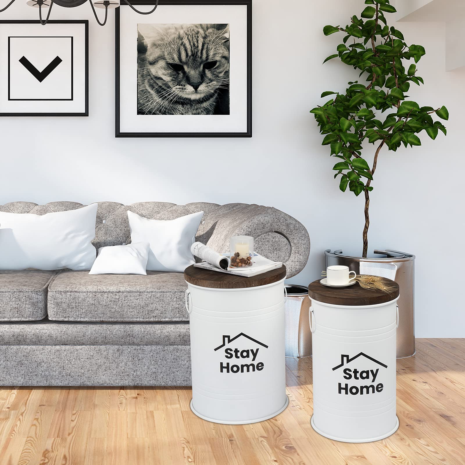 Ottoman Storage Stool, Farm Desk, Farmhouse furniture Bench Rustic End Tables, Galvanized Metal Side Table , Toy Box with Round Wooden Cover, Living Room Furniture, Two Inlays, Antique, Decor(White)