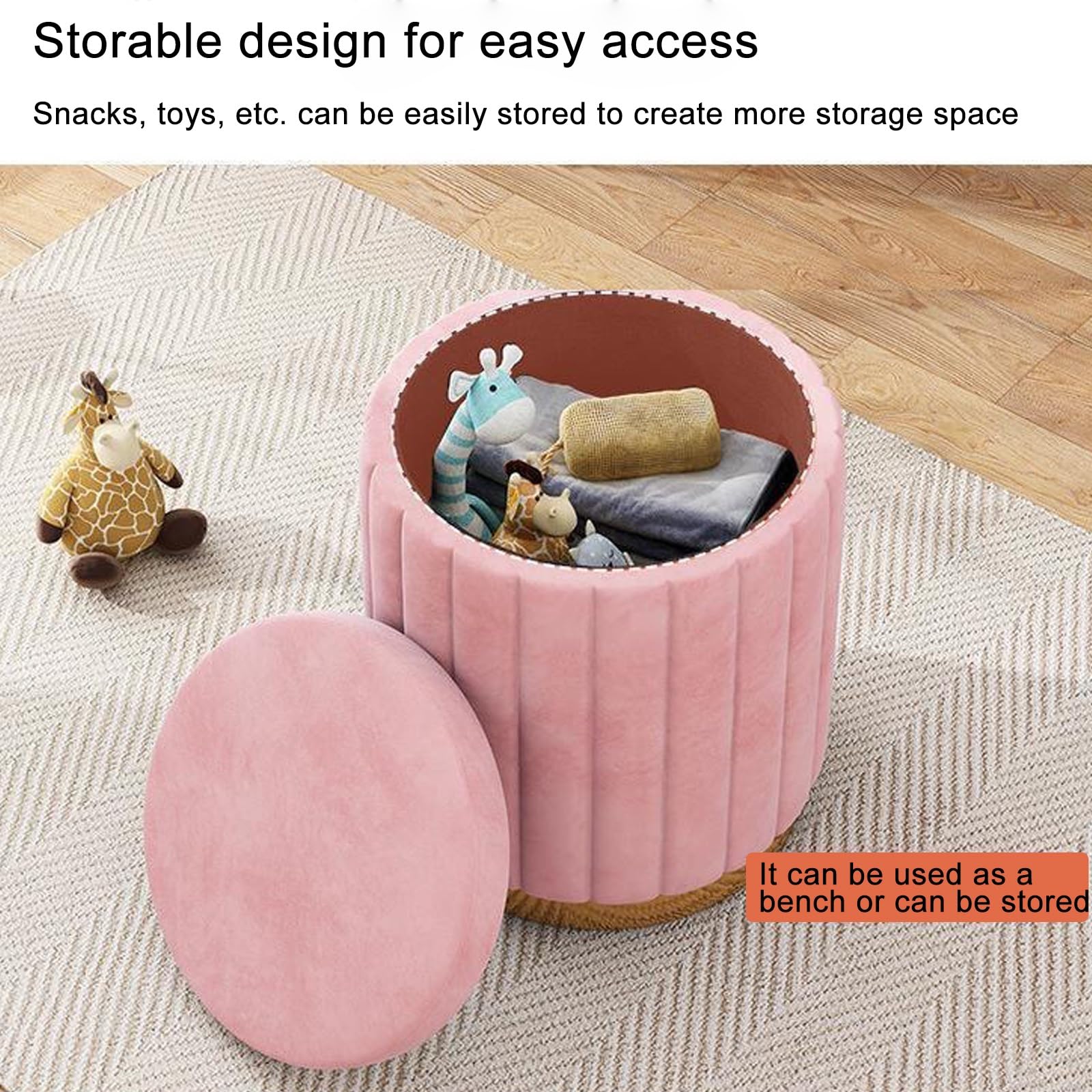 Pouf Contenitore Rotondo in Velluto, Pouf Basso Rotondo in Pelle, Sgabello da toeletta in Spugna, Sgabello poggiapiedi Imbottito con Base placcata Oro per Soggiorno, Camera da Letto o Negozi
