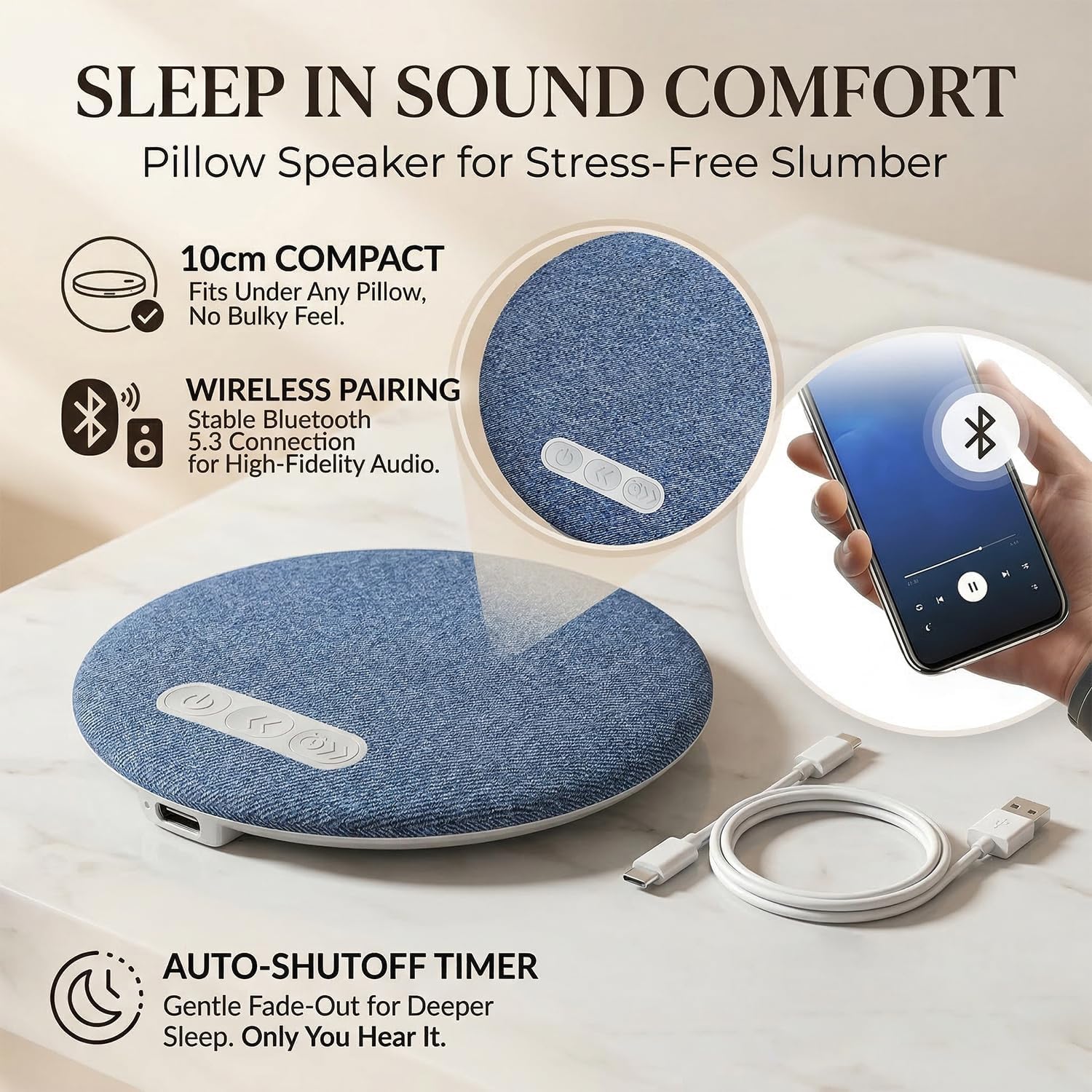 Pillow Speaker,Bluetooth Pillow Speakers for Sleeping,Under Pillow Speaker with White Noise Timer,Stereo Sound, No Headphones Needed，Suitable for Adults to Help Them Sleep — view 6