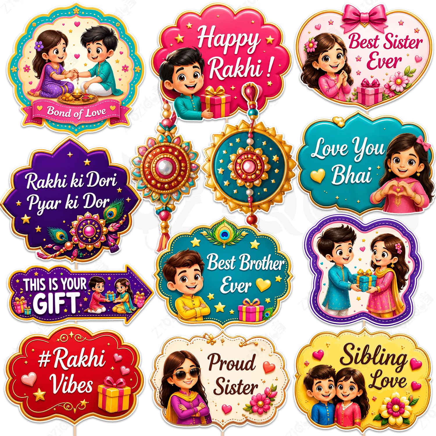 Zyozique 16 Pieces Happy Rakhi Photo Booth Props Set | Raksha Bandhan Photo Props with Bamboo Sticks & Glue Dots | Rakhi Party Selfie Props for Home, School, Office, Family Celebration & Photography-image-0