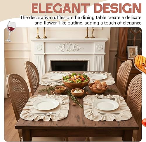 Miniatura 4 de Frienda Juego de 4 manteles individuales rectangulares con volantes, manteles individuales festoneados blancos de 13.8 x 17.7 pulgadas, lavables a