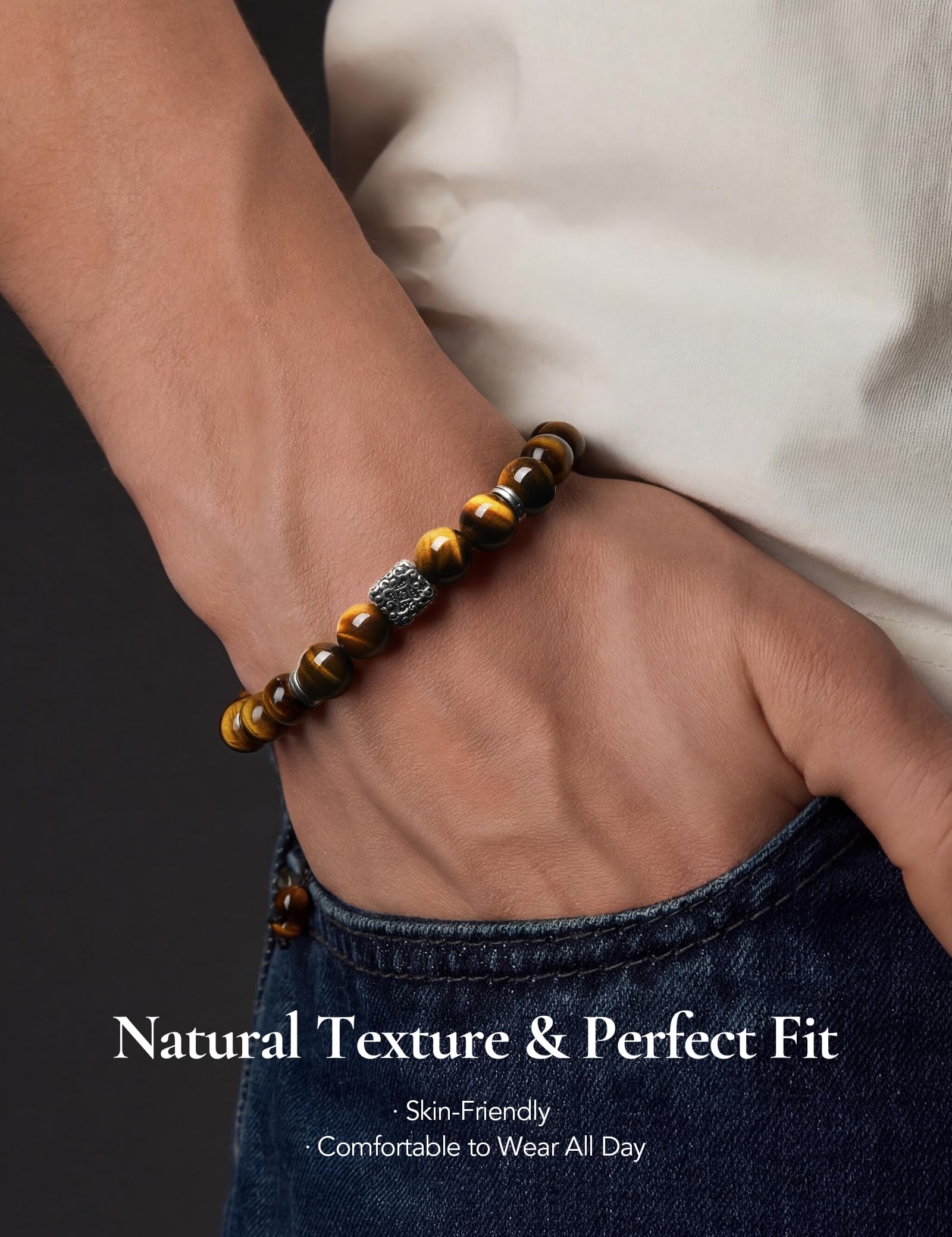 King Will Pulsera elástica de perlas de piedra natural para hombre, 10 mm – 12 mm, ajustable, regalo para hombres