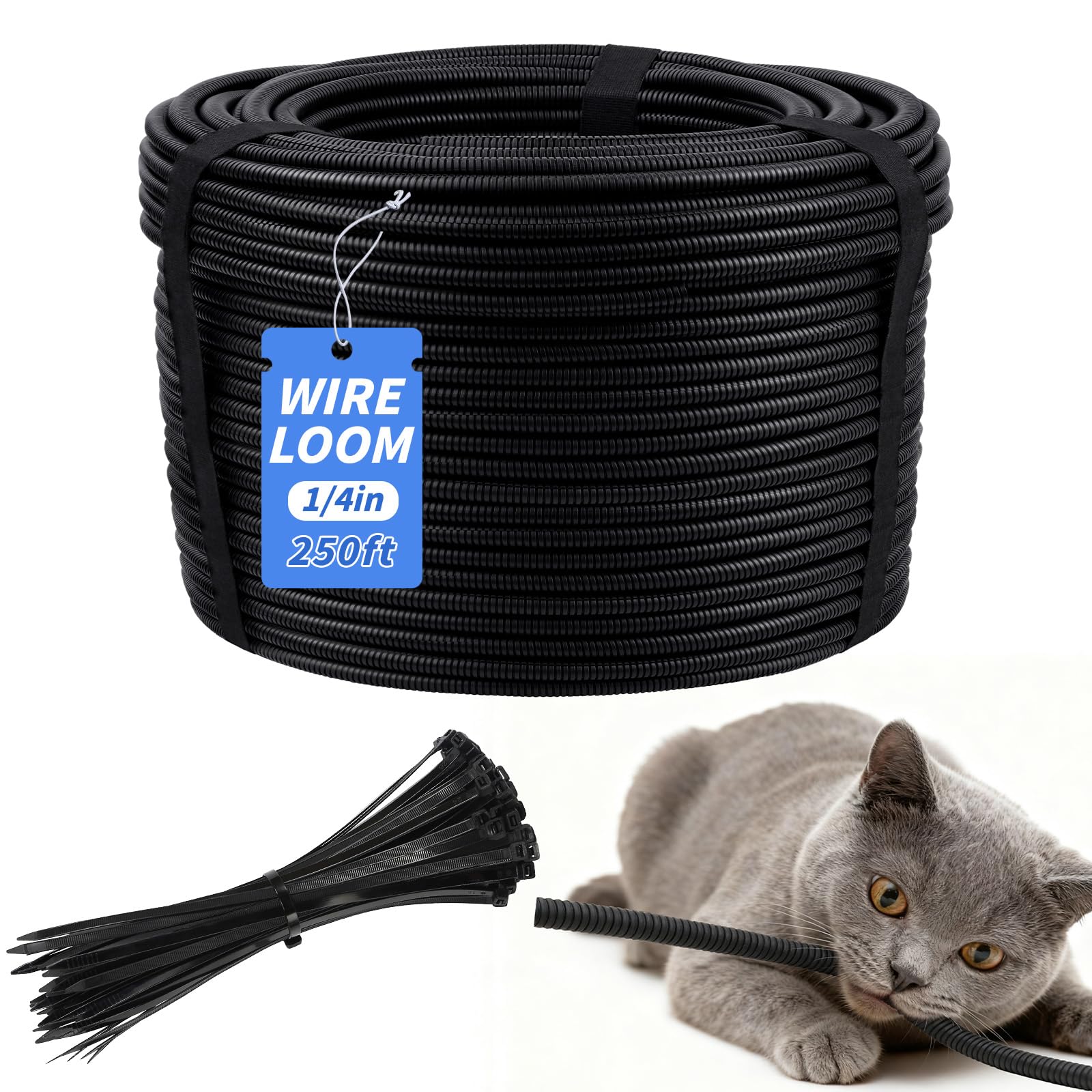 Photo 1 of 250FT Split Wire Loom Tubing, 1/4 Inch Wire Protector Tubing, Automotive Wire Flexible Conduit Cord Covers with 20 Cable Ties for Automotive Marine RV Agriculture Electrical Cable Protection