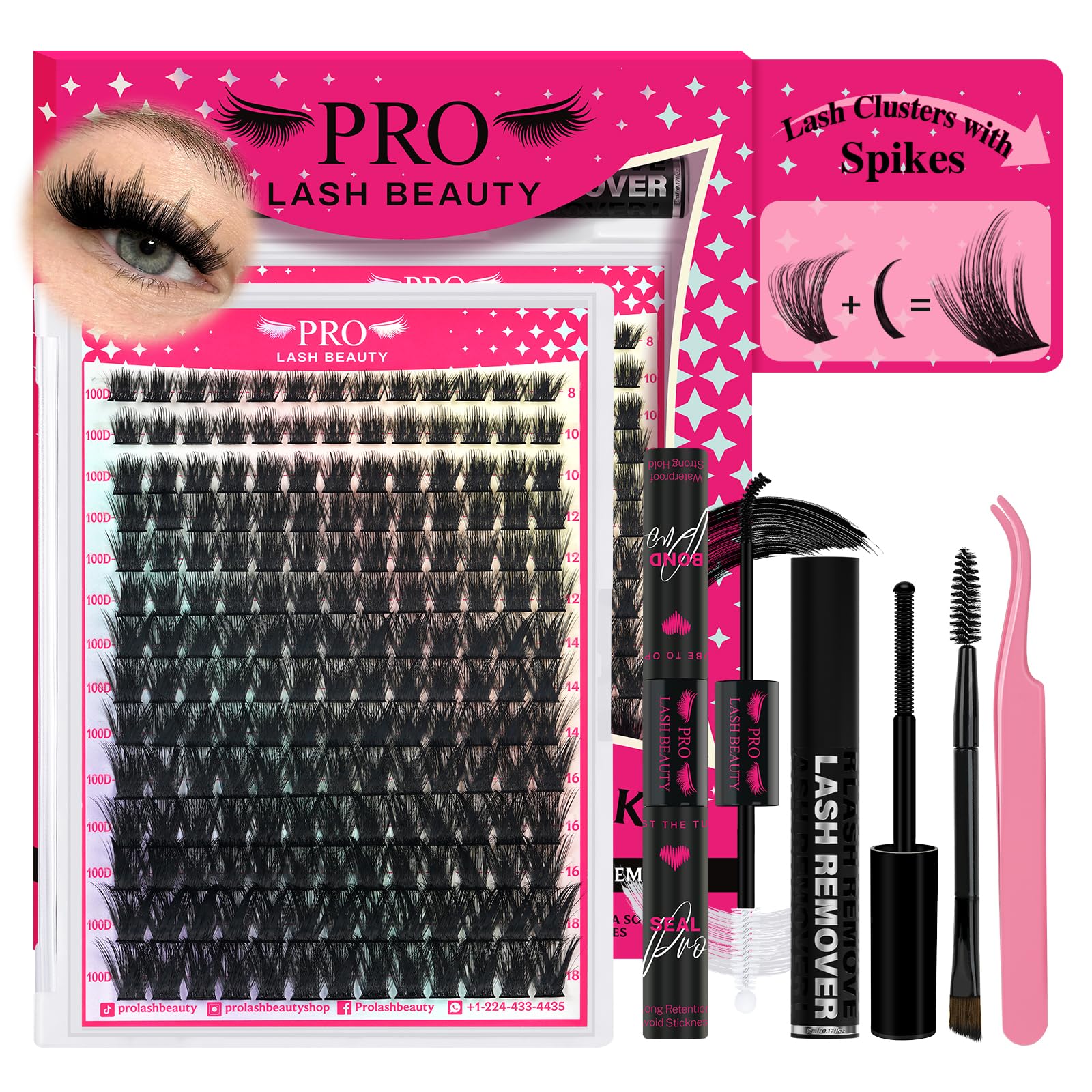 PROLASHBEAUTY Spiky Lash Clusters Manga Lash Clusters Kit 100D Thick Individuals Lashes with Spikes Lash Bond and Seal