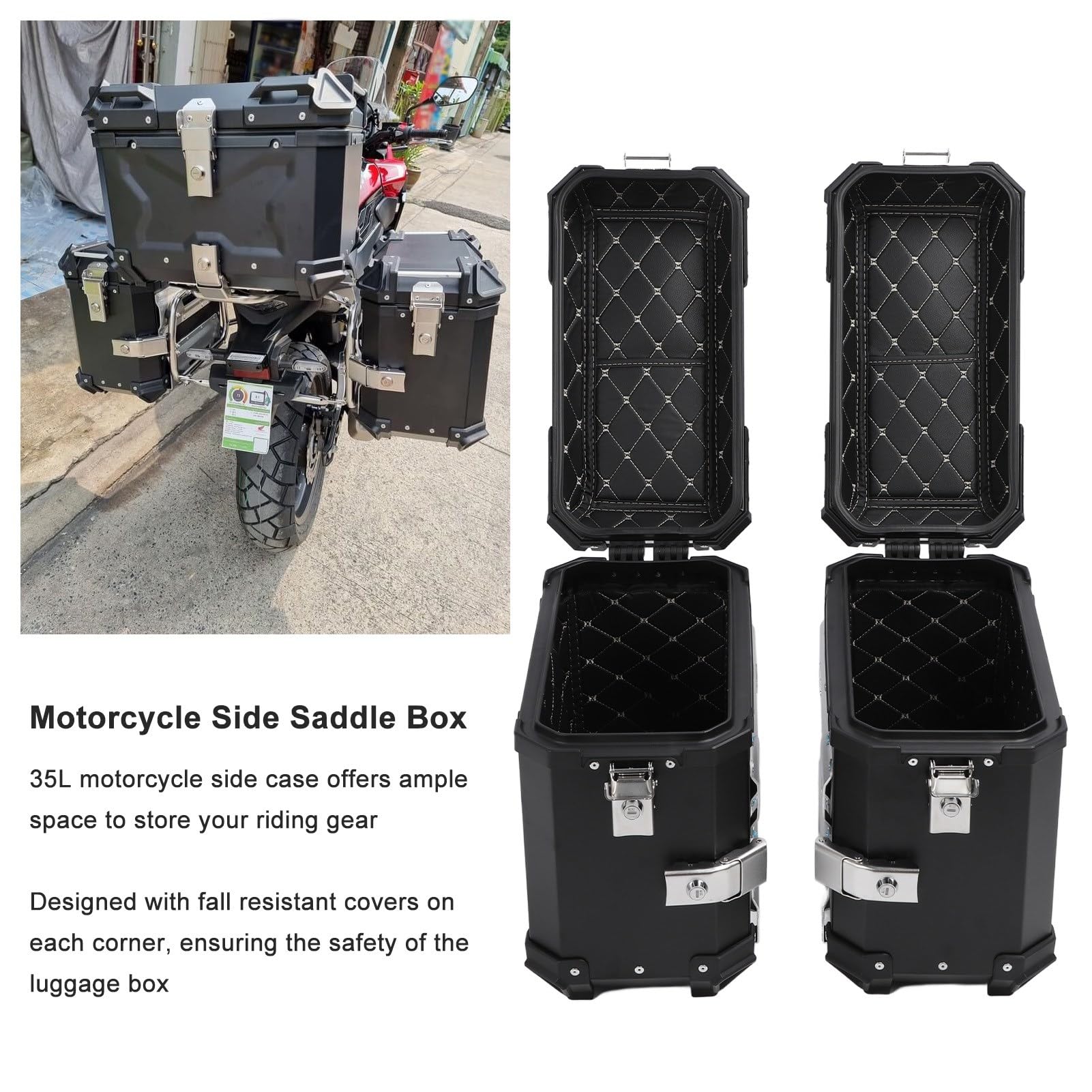 Generic Twarda Kufer Boczny do Motocykla 35L z Podwójnym Zamkiem i wodoodporną konstrukcją na bagaż Motocyklowy i Akcesoria (BLACK)