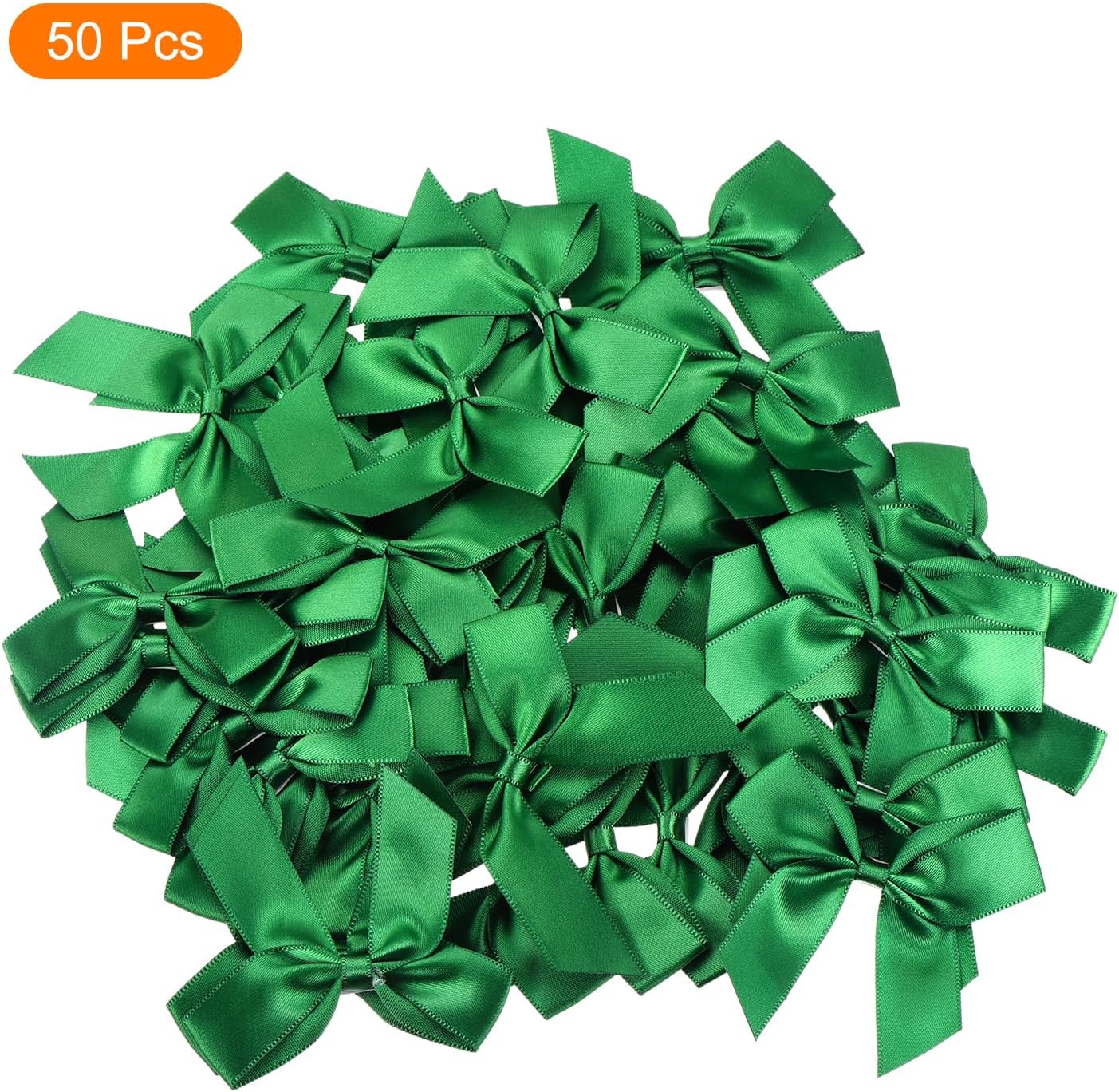 MECCANIXITY 50Pcs Mini Ribbon Bow 2.5" Mini Fabric Satin Ribbon Flower Bows for Craft DIY Sewing Wedding Birthday Party Emerald Green - Image 3