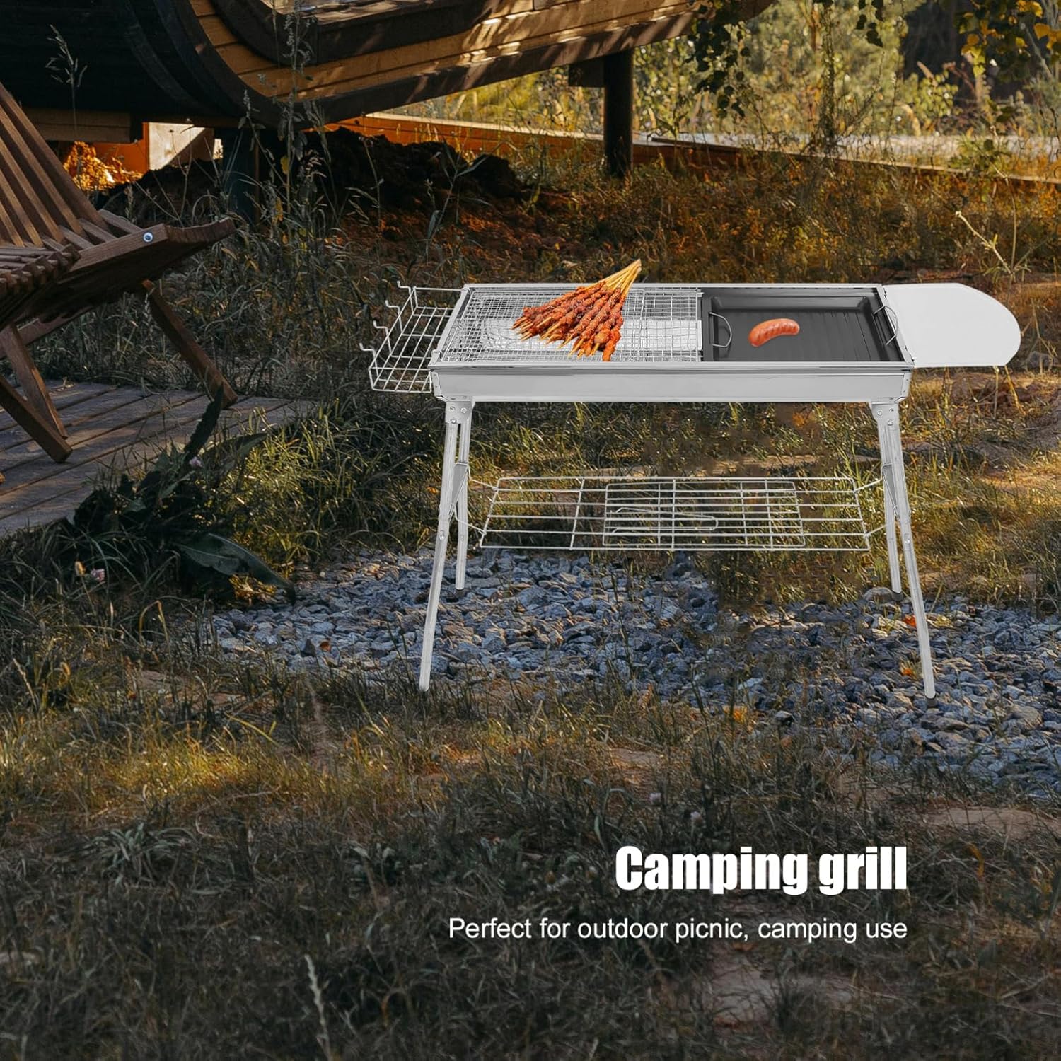 VICASKY 1Set Portable Bbq Grill Camping Barbecue Rack with Side Basket Storage for Outdoor Cooking Easy Setup for Picnics and Camping