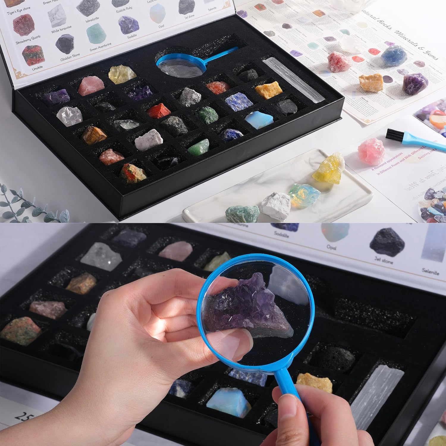 Rock Collection for Kids, 25PCS Crystal Gem Mineral Collection Set Box Gift for Boys and Girls, Natural Gemstone with Learning Guide Education Set - Image 2