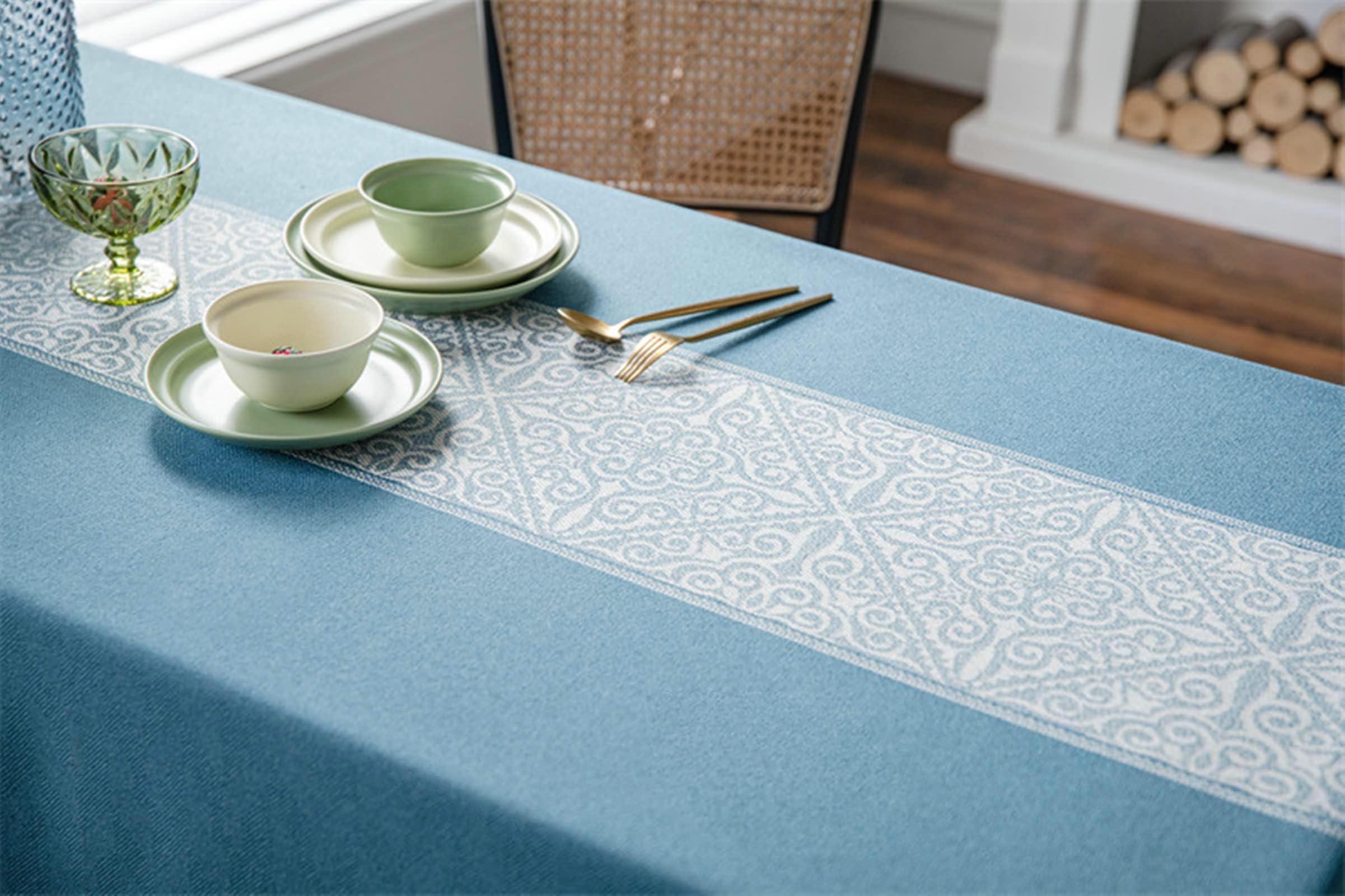 Gualiy Mantel Mesa Cuadrada Tela, Poliéster Mantel Mesa Sala 140x220CM Manteles de Mesa Antimanchas Jacquard de Flores con Borlas Mantel para Mesa Salon, Azul
