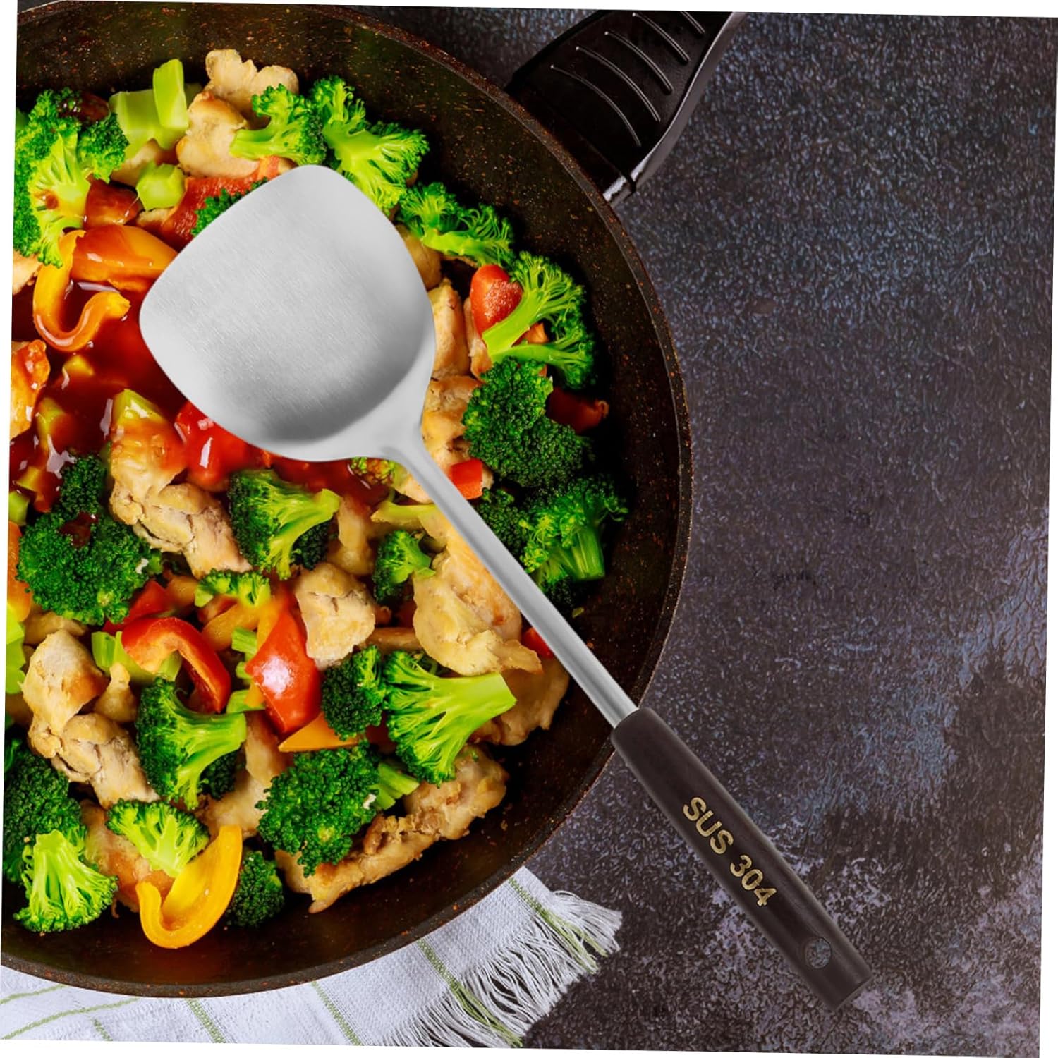 8pcs Stainless Steel Wok Spatula Set with Wooden Handles Ergonomic Cooking Utensils for Stir-frying Soup and More Slotted Spoon and Ladle for Kitchen Use