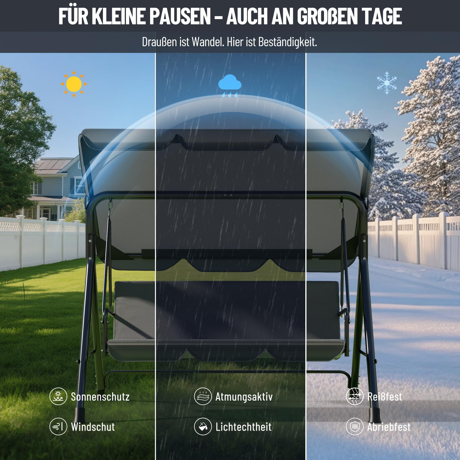 Soontrans 3-Sitzer Hollywoodschaukel, Familienzeit mit Leichtigkeit, Gartenschaukel mit Sonnendach & Gestell & Gepolsterte Sitzauflage, Belastbar bis 200 kg, aus Stahl (193 x 110 x 152 cm, Anthrazit)