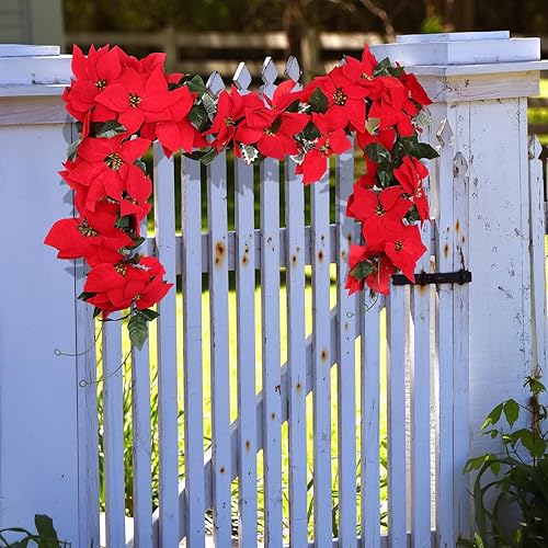 Miniatura 5 de Crowye 10 guirnaldas de Pascua de Navidad de 65.62 pies, flores de Pascua rojas artificiales, adornos de Navidad, decoraciones de flores de Pascua