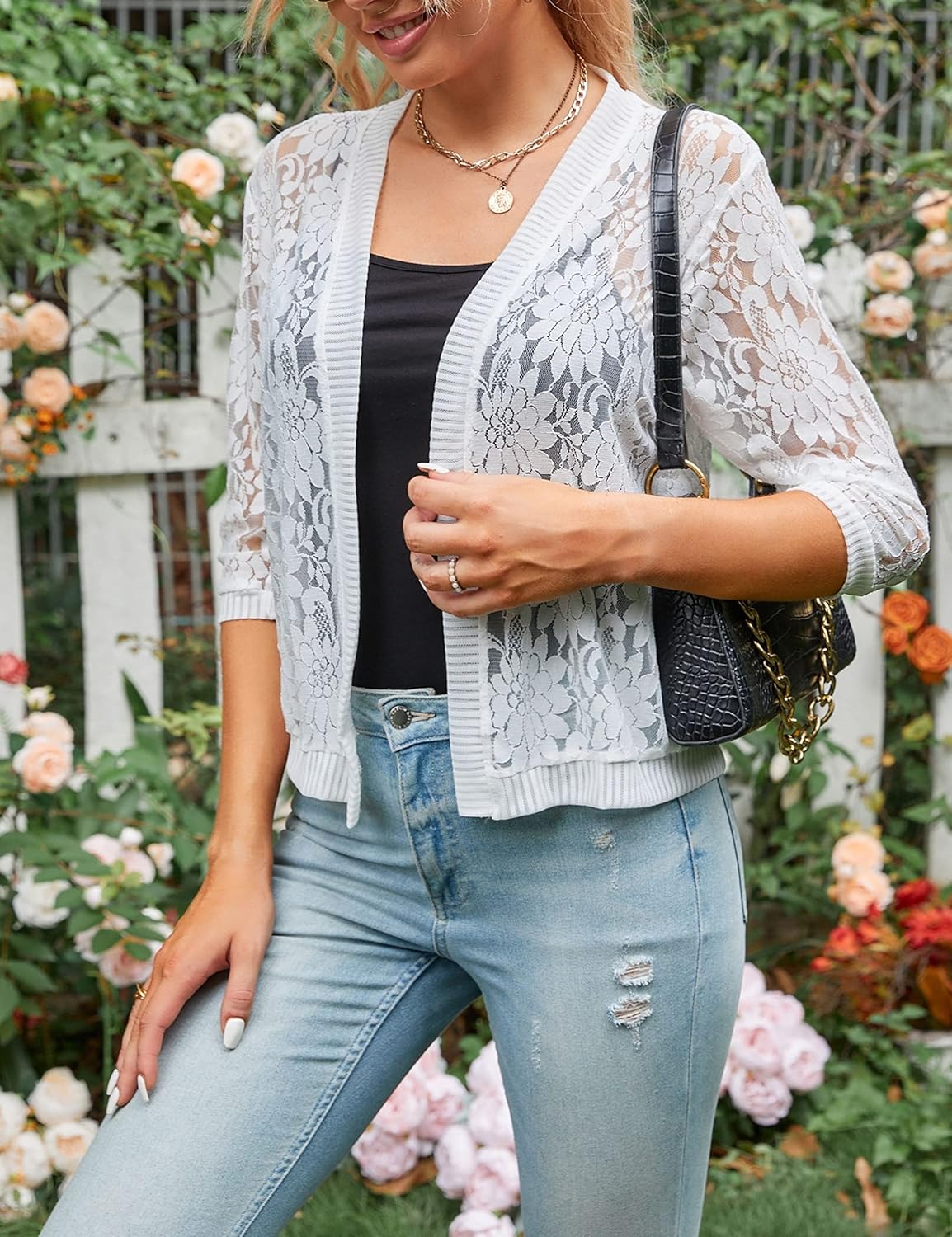 Chevara Women’s Casual Summer Lace Cardigan 3/4 Sleeve Floral Crochet Cardigans Shrug Sweaters - Image 3