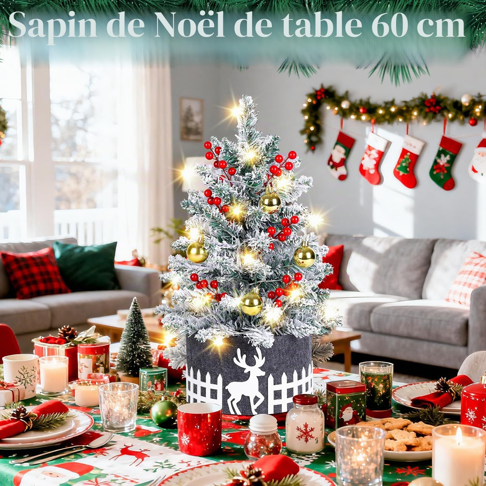 Sapin de Noël Neige Artificiel 60cm avec Lumières LED, Sapin Enneigé Flocké Blanc avec Décorations (Boules, Baies, Jupe), Petit Sapin de Noël pour Table et Bureau, Décoration d'Intérieur Maison Cadeau